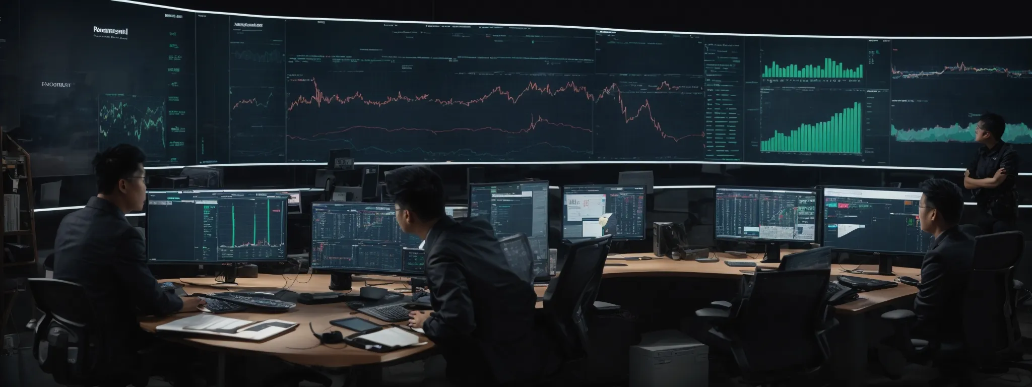 a bustling ecommerce command center displaying graphs and analytics on large monitors.