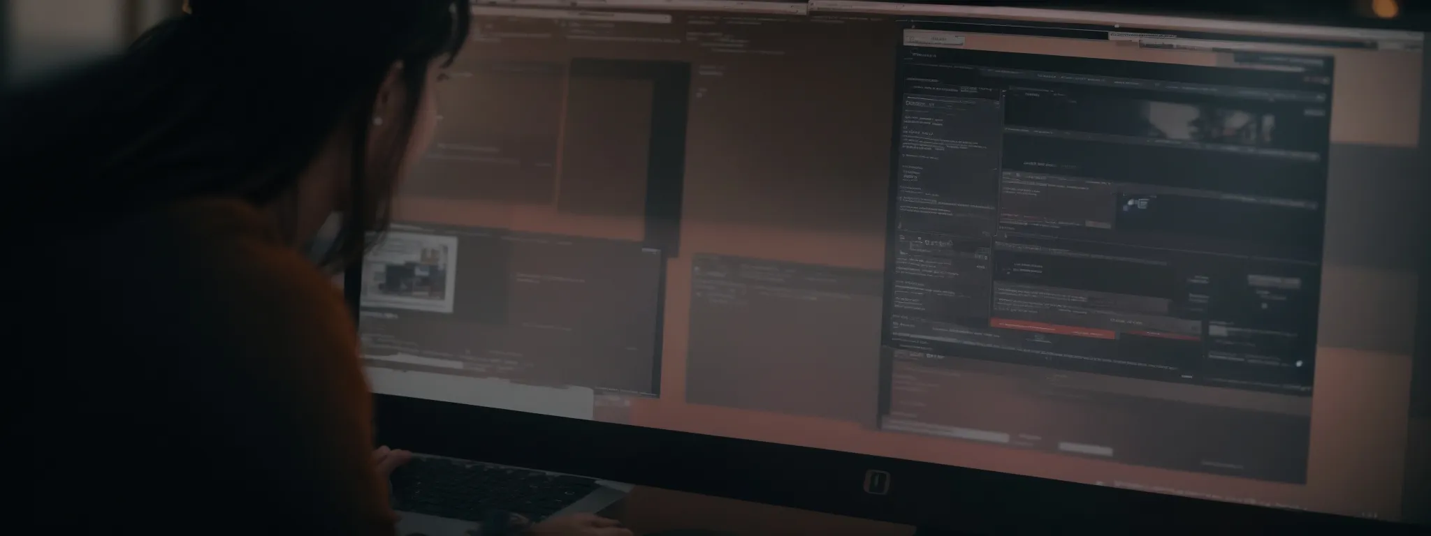 a person using a computer to analyze a website's layout with an overlay indicating accessibility checks.