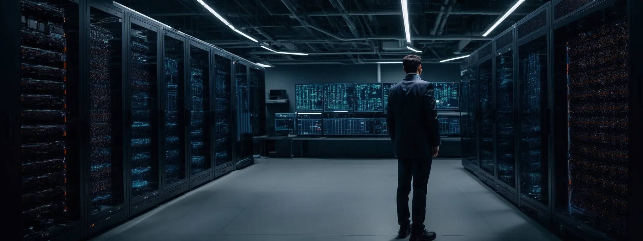a person standing in a modern server room with rows of high-tech equipment, symbolizing the advanced technology behind seo innovations.