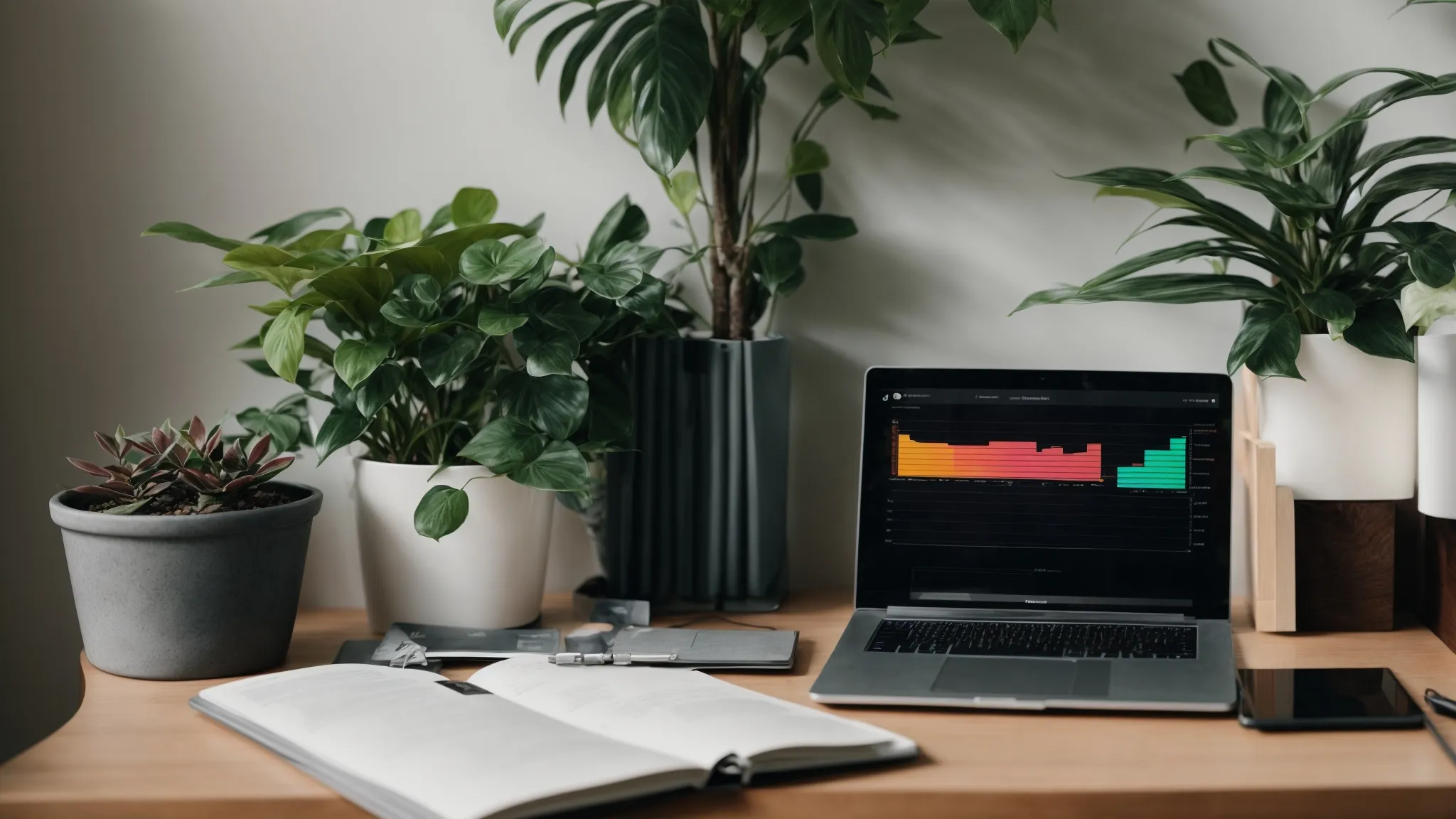 a sleek laptop displaying colorful graphs next to a plant on a minimalist desk setup.