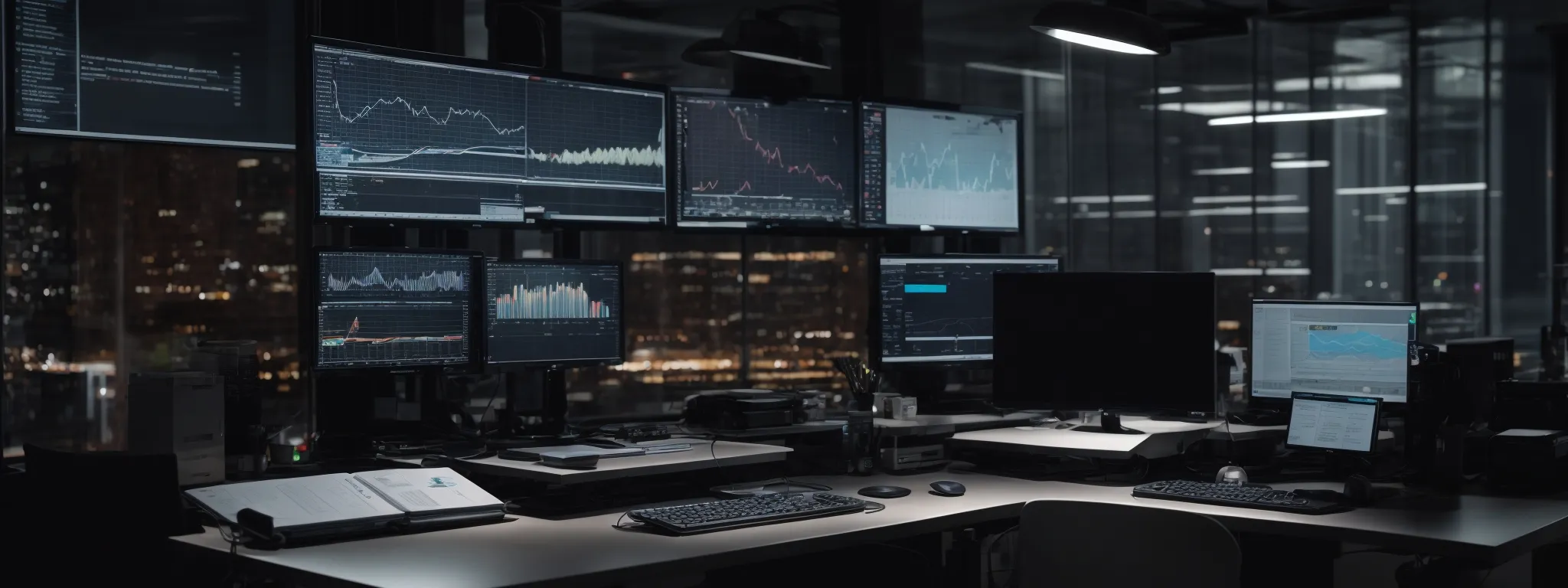 Multiple computer monitors displaying financial charts and data are arranged on a desk in a dimly lit office with large windows overlooking a city at night.
