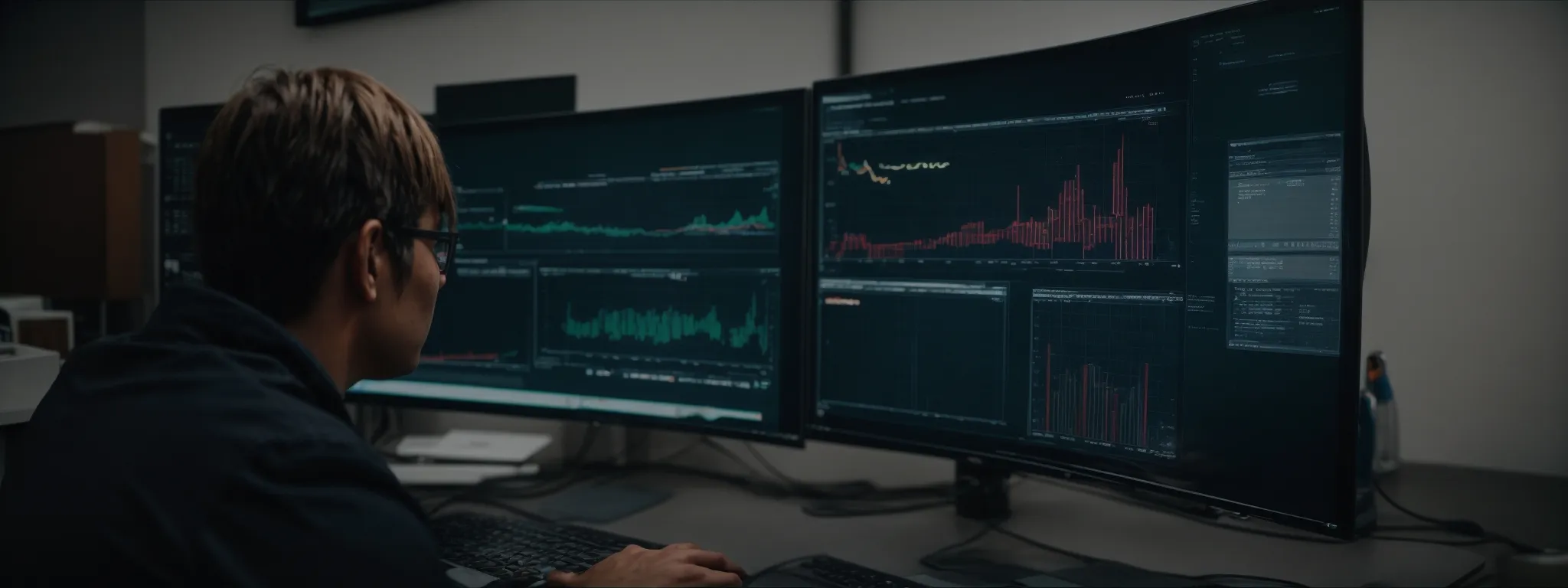 a marketer analyzing a complex graph of search engine rankings on a computer monitor in a modern office.