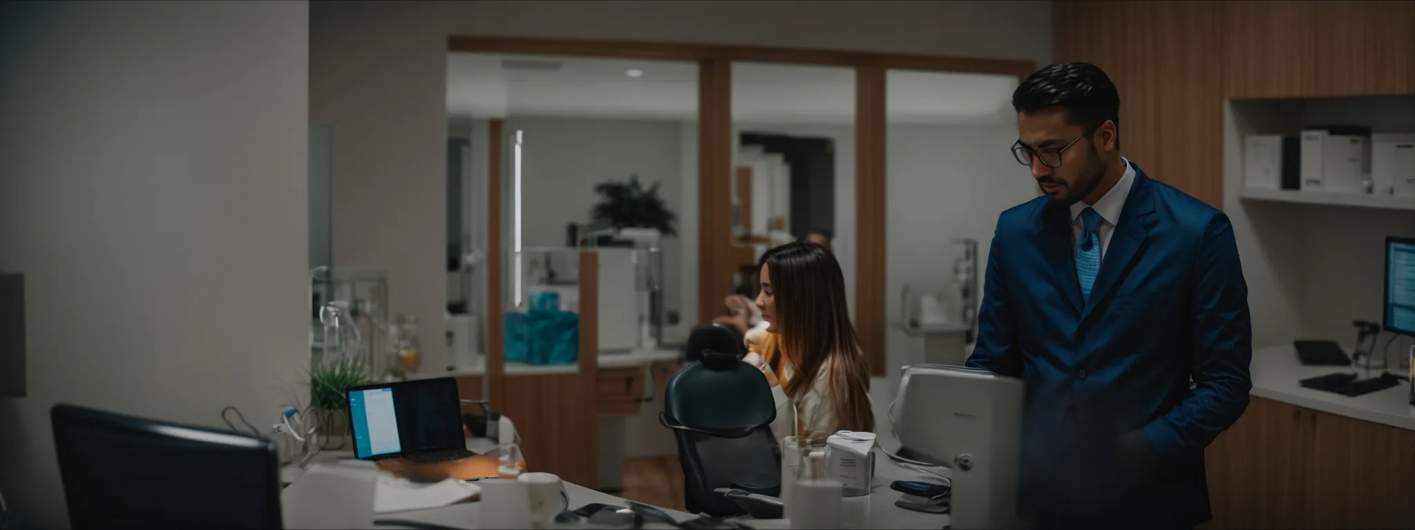 A man in a blue suit stands in a modern office with medical equipment, highlighting SEO for Dentists, while a woman sits at a desk in the background.