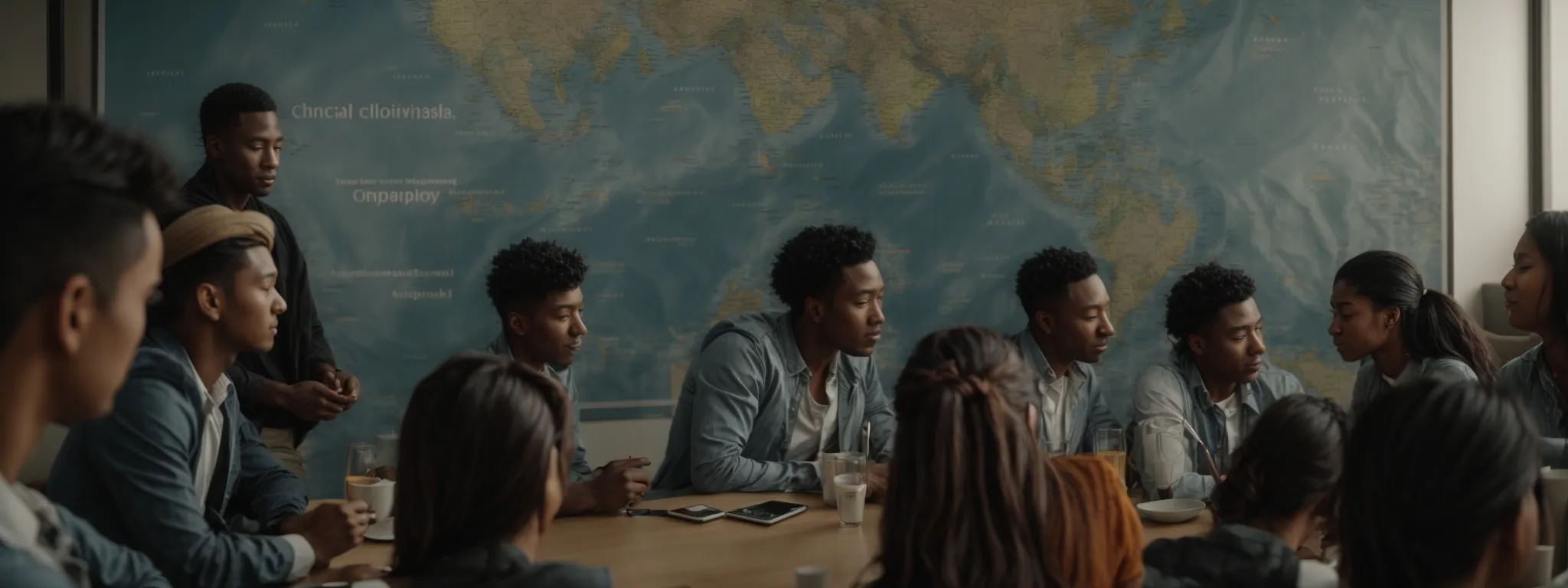 a diverse group of people gathered around a digital world map displaying various keywords in different languages.