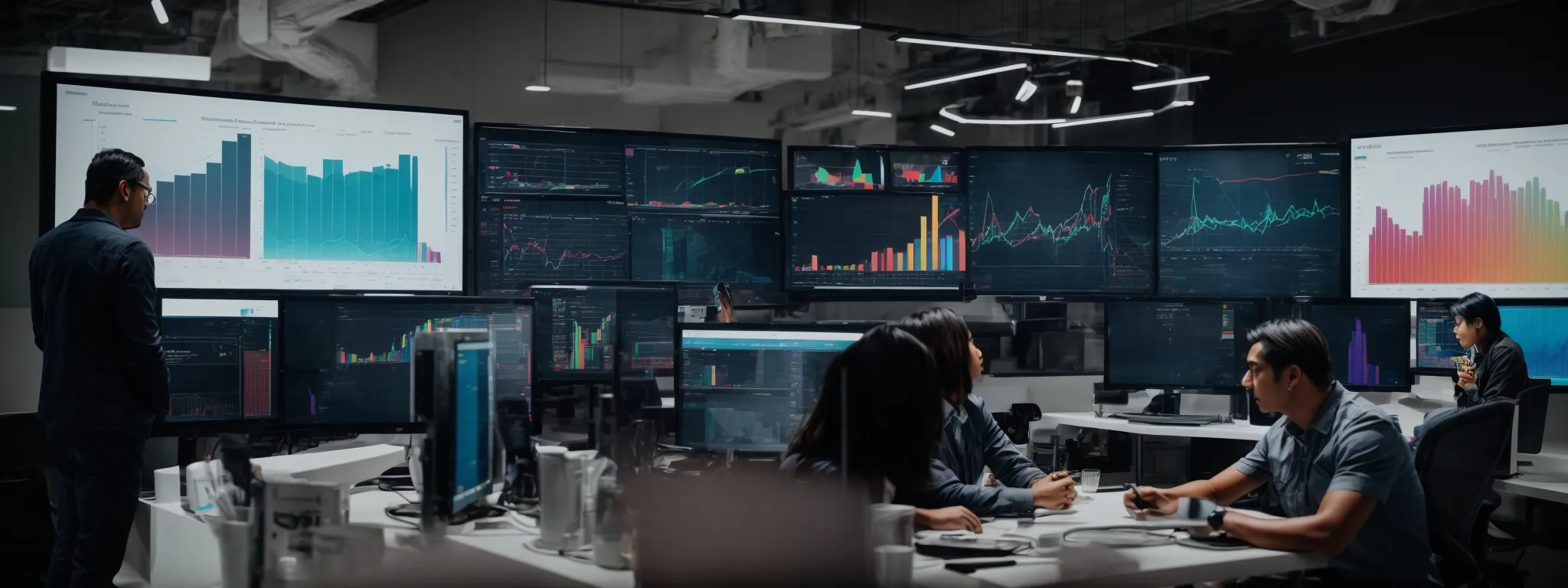 a diverse team of professionals huddled around a digital interface displaying colorful graphs and charts, deeply engaged in strategizing.