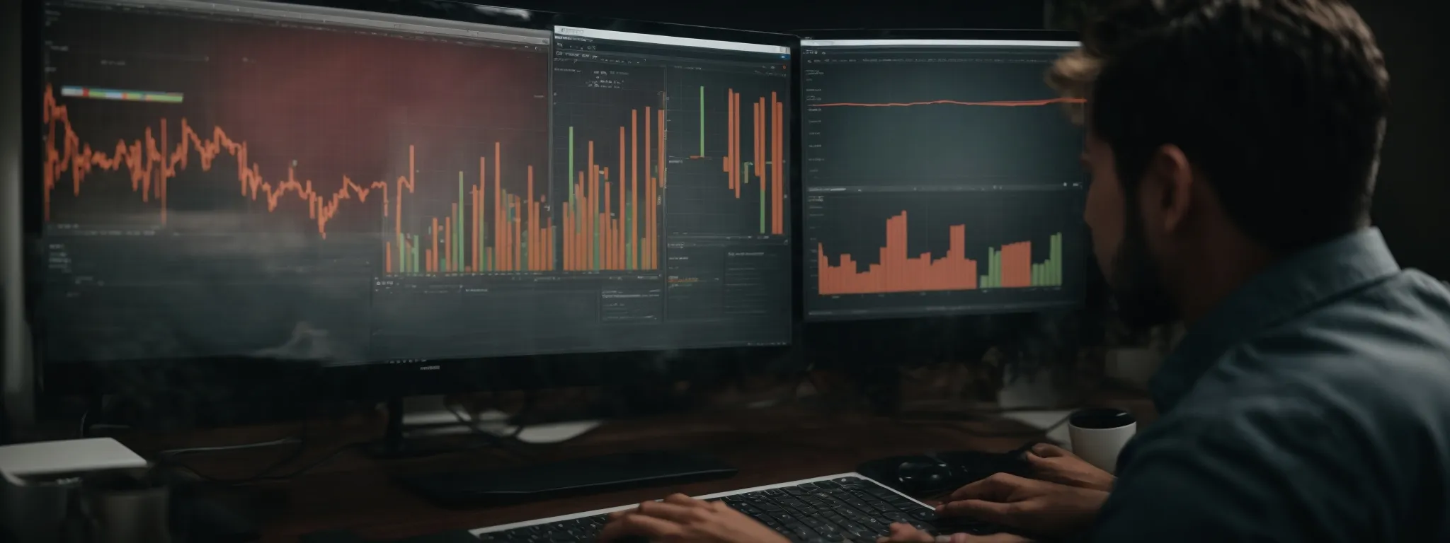 A person analyzes bar and line charts on multiple computer monitors at a desk, with graphs displaying fluctuating financial data.