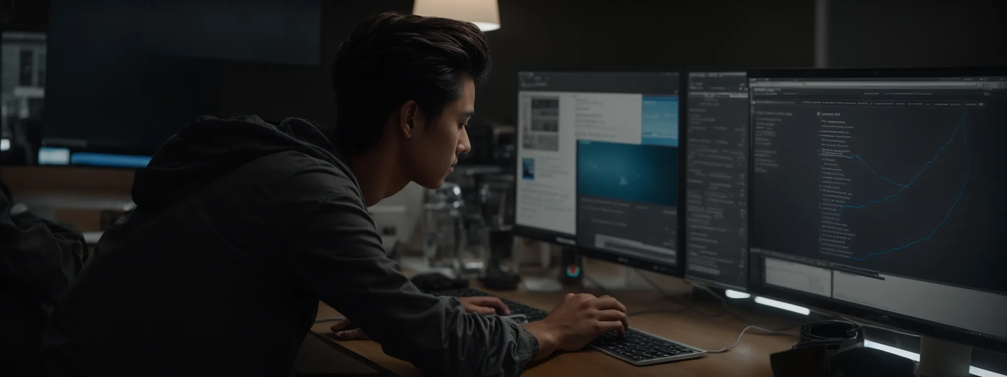 a person sits at a modern computer desk, absorbed in optimizing a website's digital file structure on their screen for improved search engine rankings.