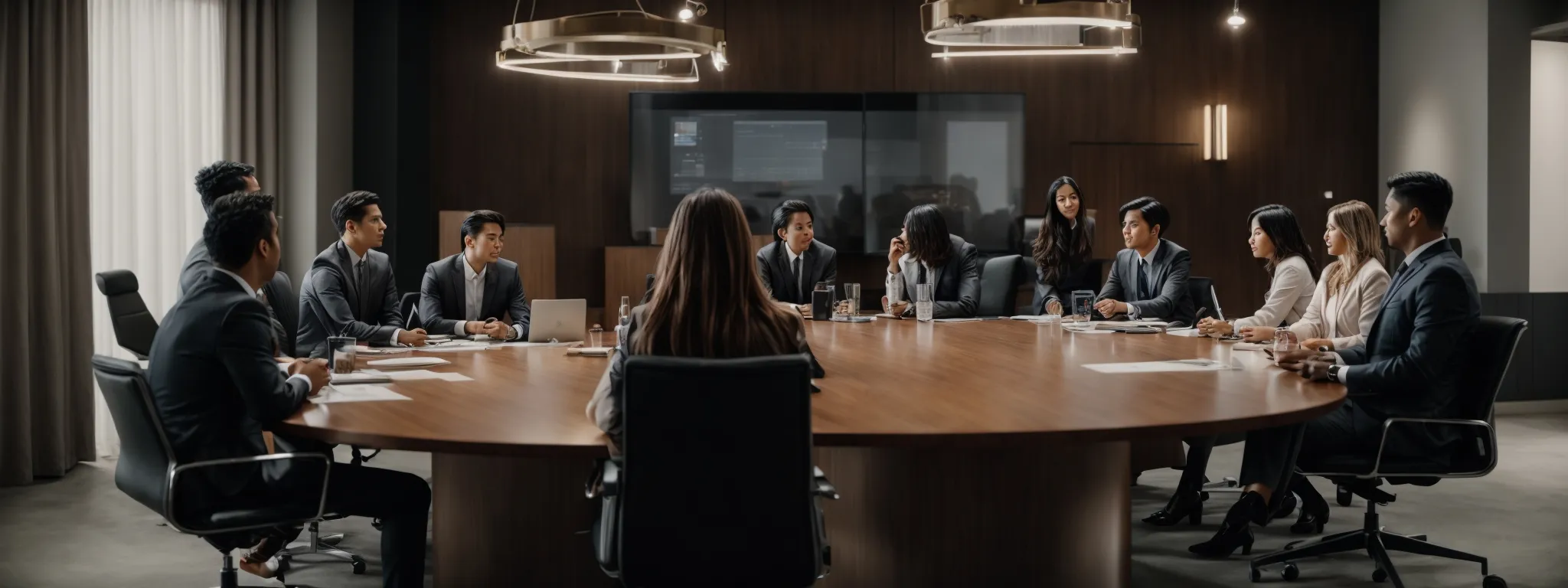 a dynamic team of professionals gathered around a modern conference table, strategizing over a digital marketing plan.