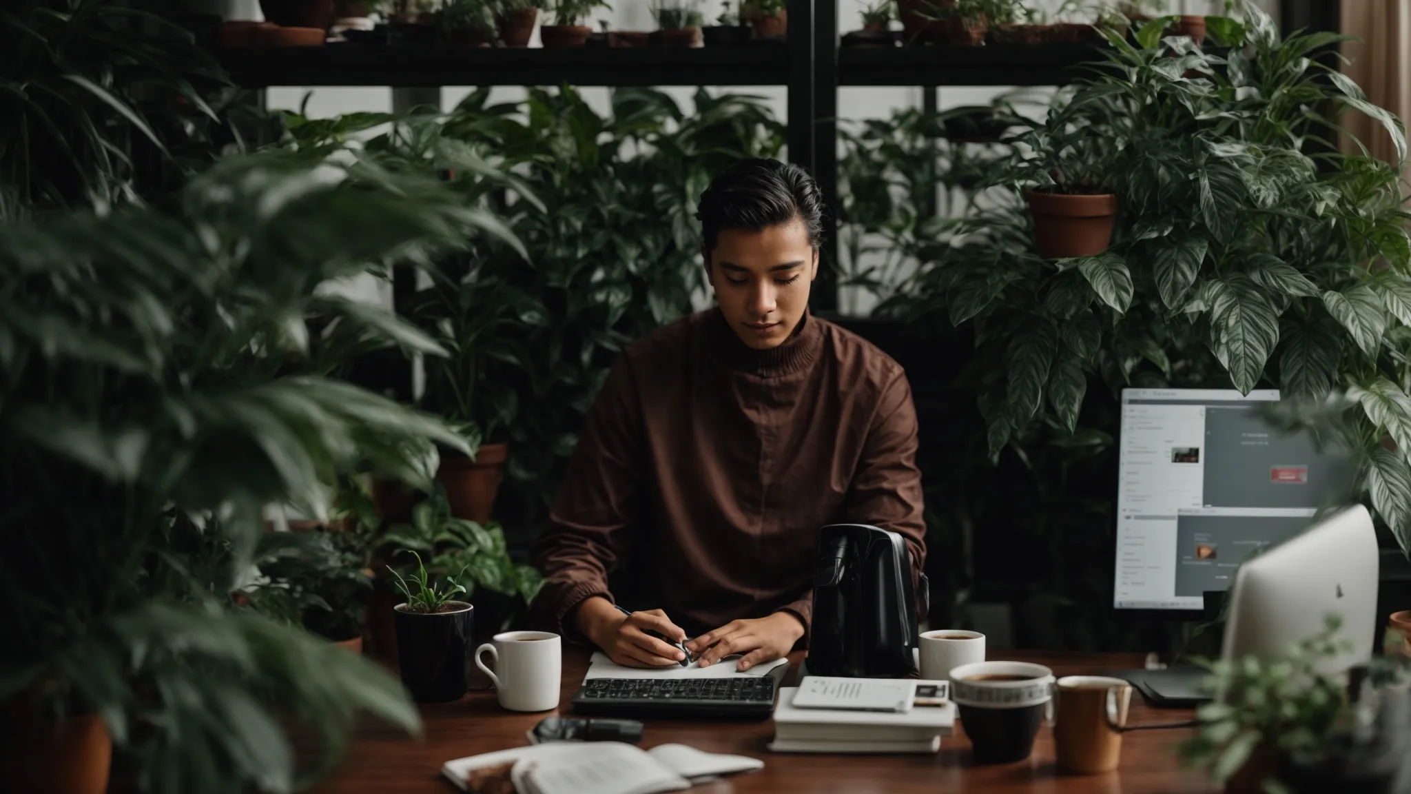 a person sitting at a desk with a computer, surrounded by plants and a cup of coffee.