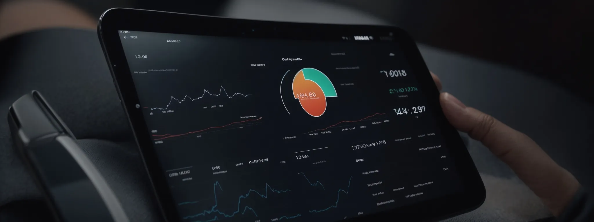 a smartphone displaying a website with an analytics dashboard surrounded by graphs and speed performance indicators.