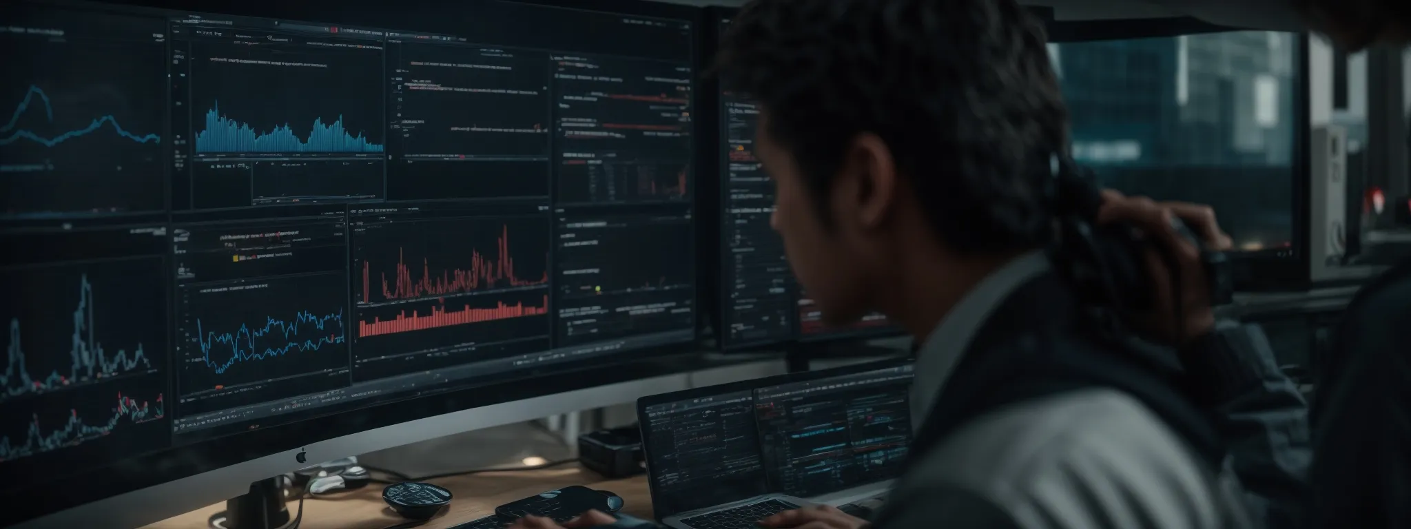 a focused individual operates a sophisticated digital analytics dashboard on a computer screen, symbolizing real-time seo data management.