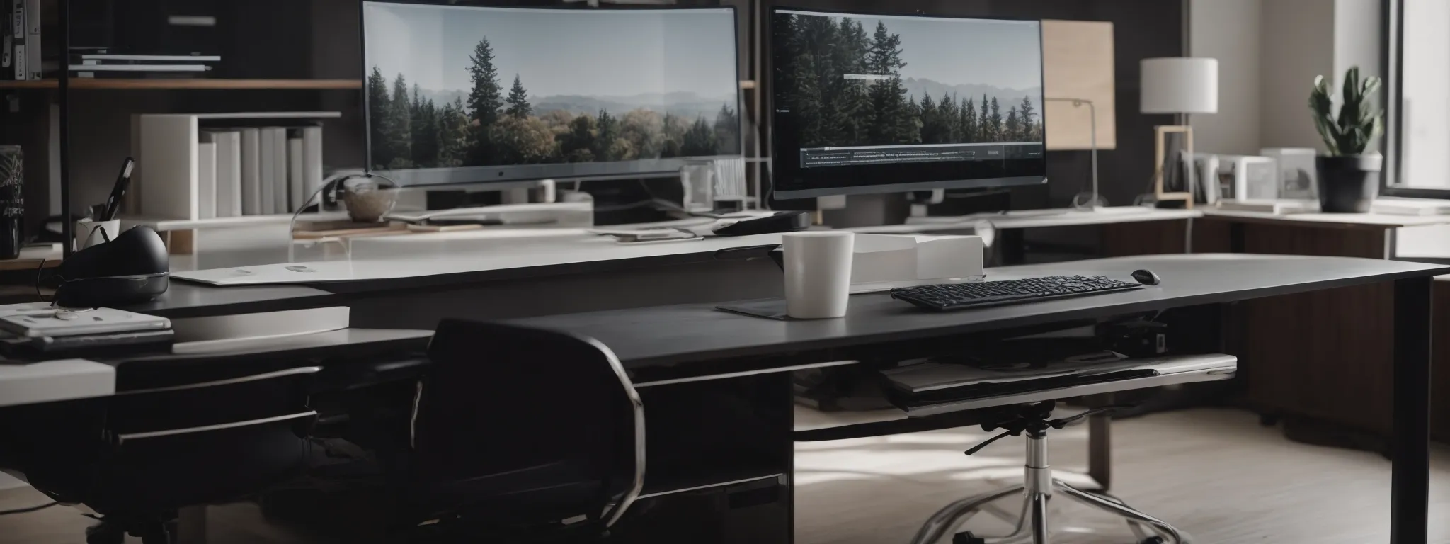 a sleek computer setup with a marketing webinar on screen amidst a modern, minimalist office space.