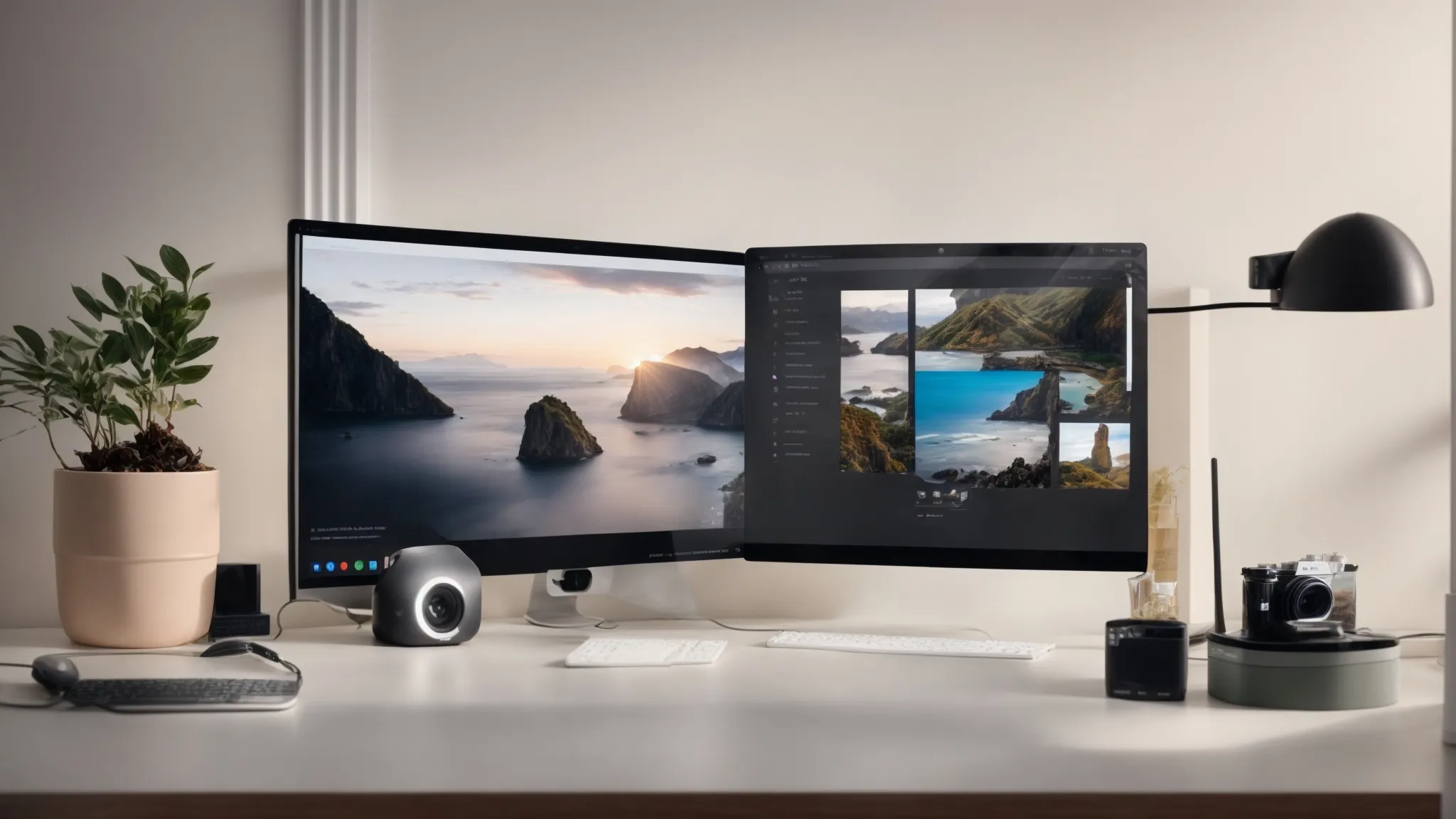 a desktop with two computer screens displaying the homepages of google and baidu side by side.