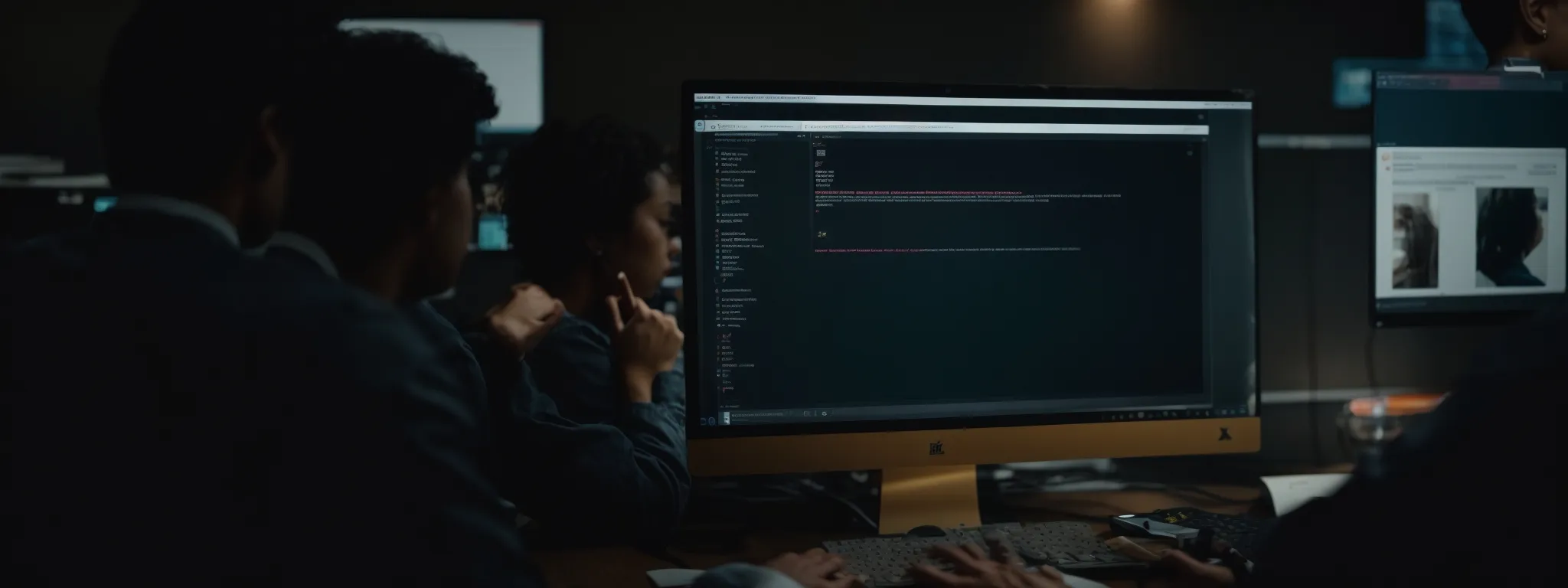 a close-up of a glowing search bar on a computer screen amidst a montage of diverse, professional people engaging in thoughtful discussions.