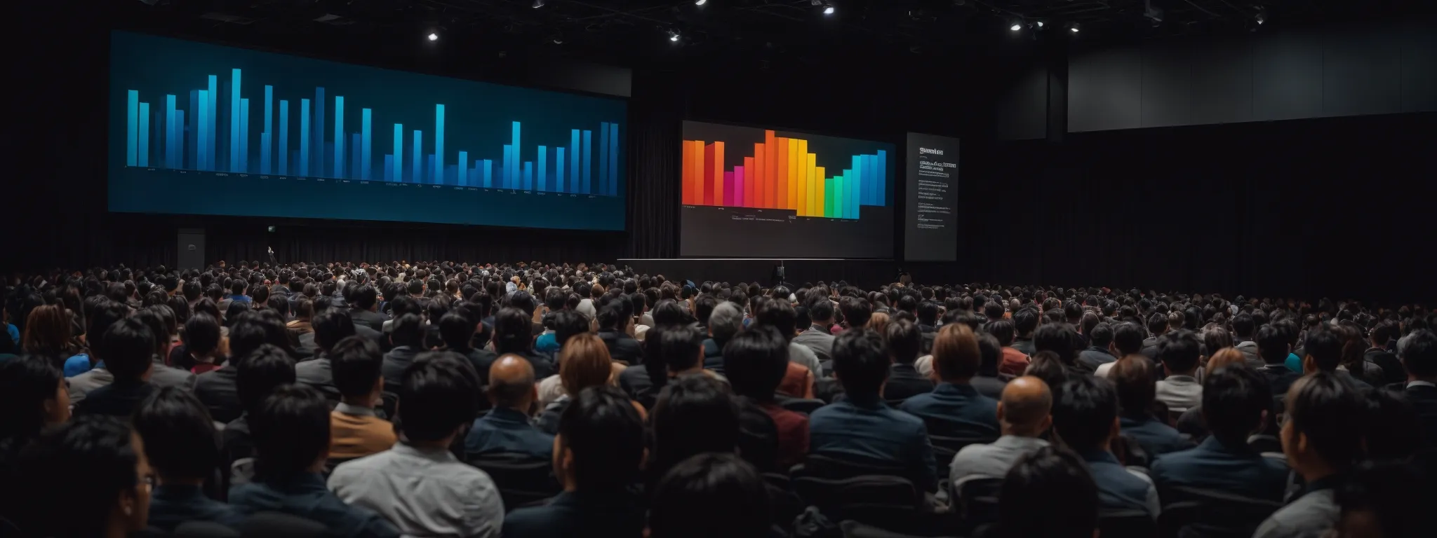 a dynamic speaker presents a colorful graph on a large screen to an audience of attentive professionals.
