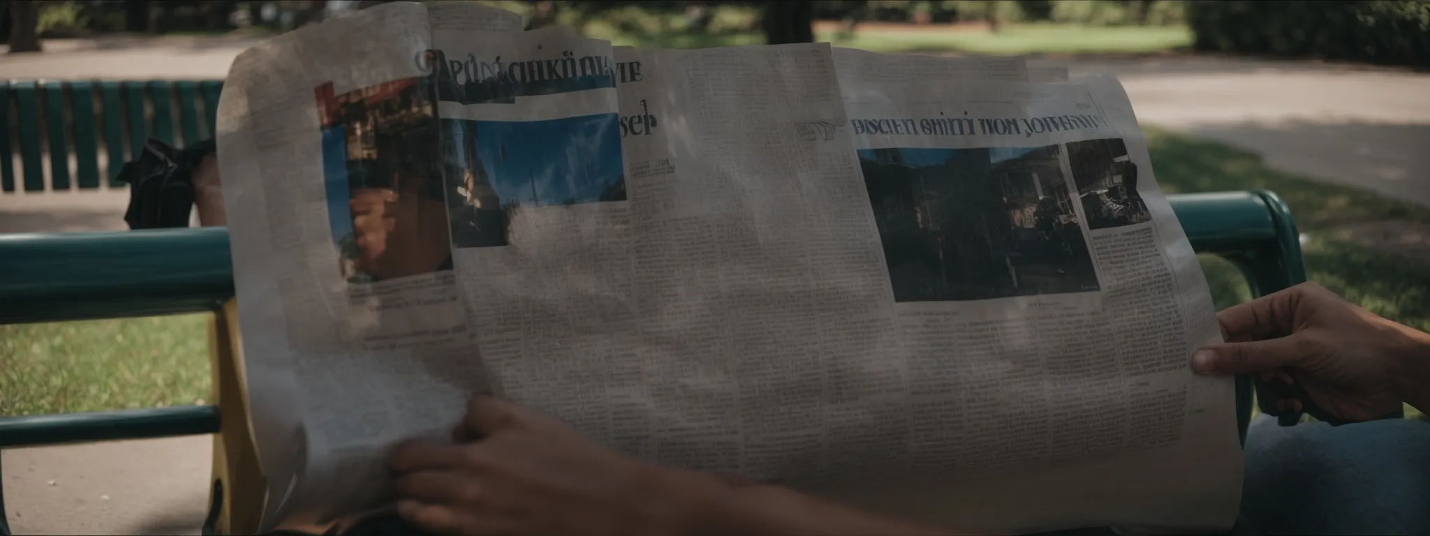 a person reading an open newspaper on a sunny park bench.
