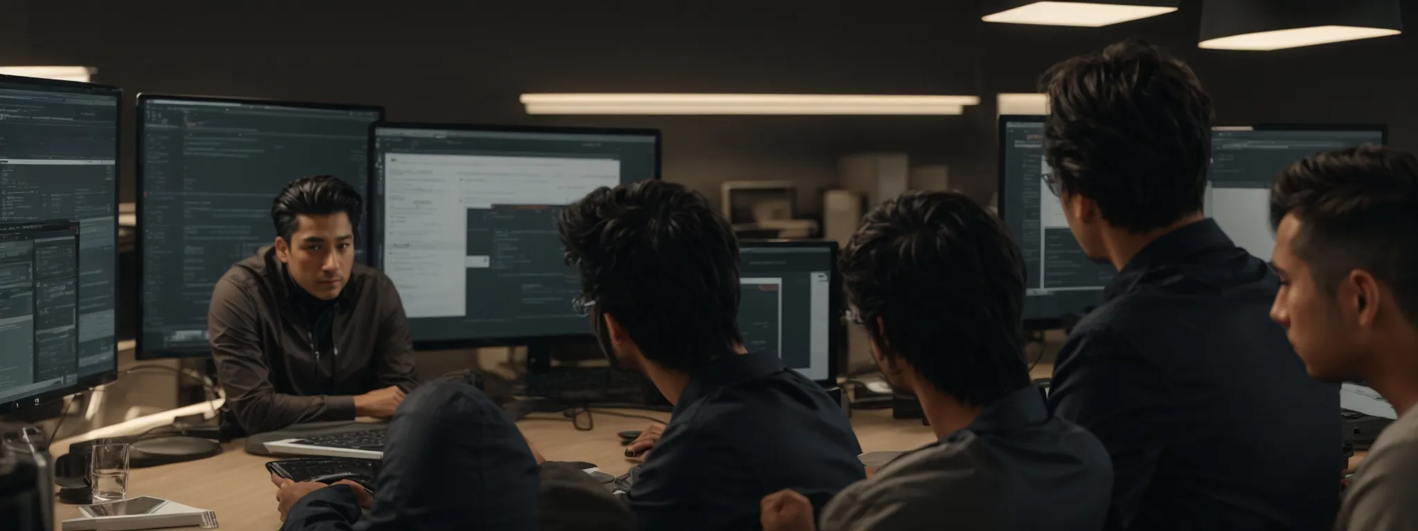 a website development team strategizes around a computer in a modern office, contemplating the seo structure of their website.
