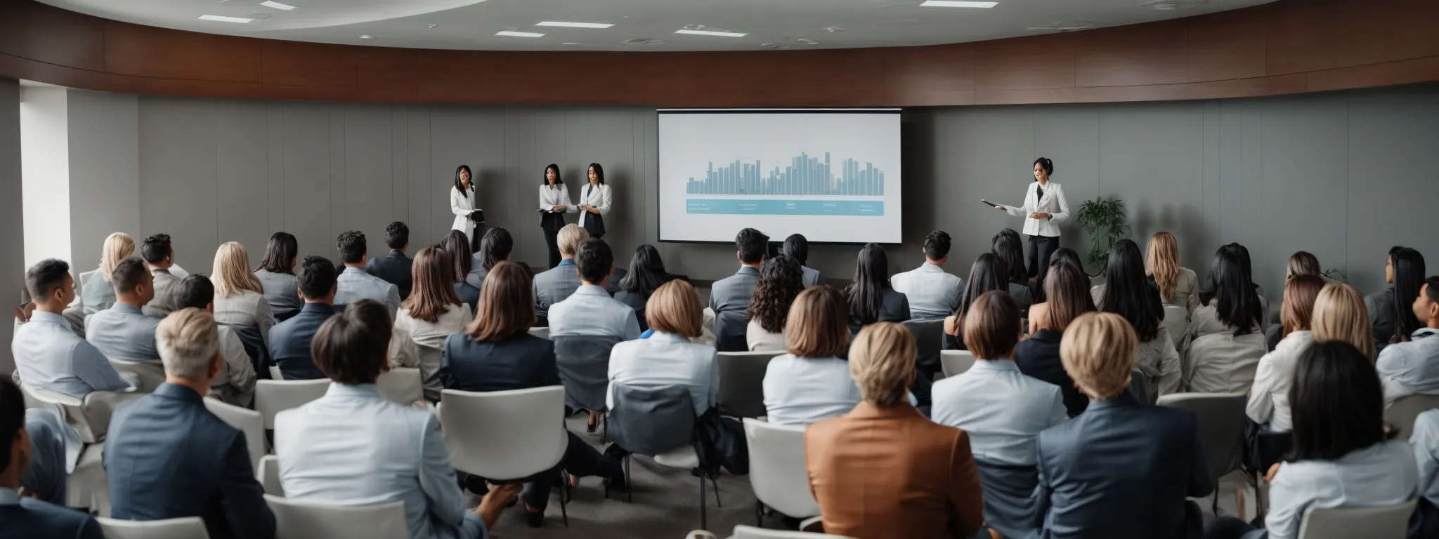 a professional therapist holding a seminar on digital marketing strategies with a focus on seo for a group of attentive healthcare professionals.