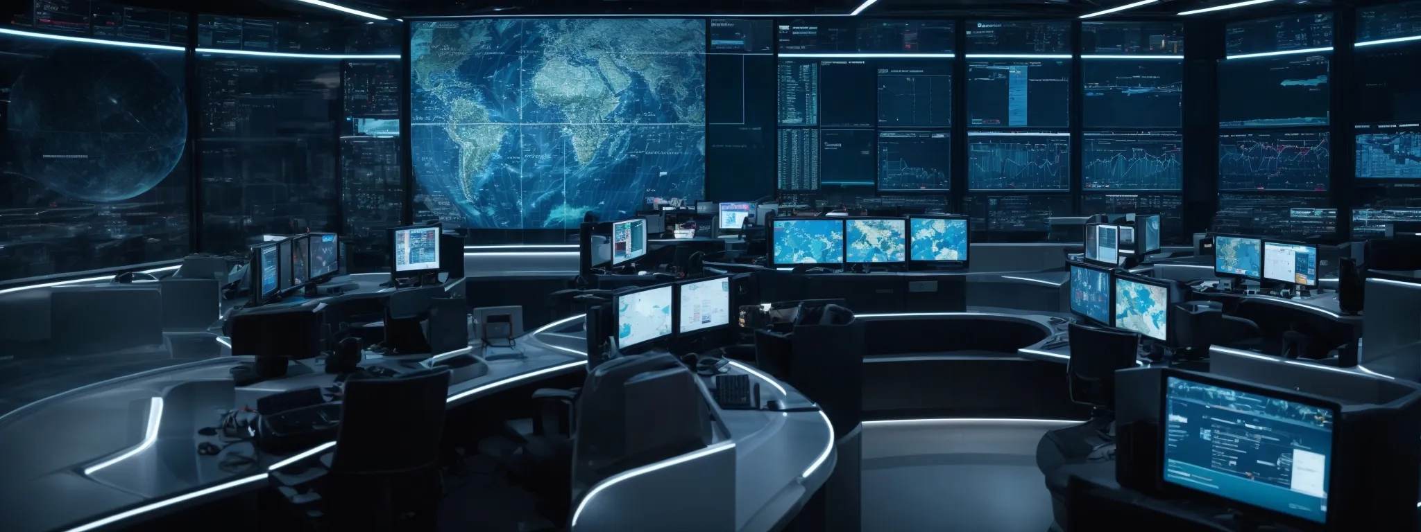 a futuristic command center with screens displaying data analytics and a large interactive digital globe showcasing global web traffic patterns.