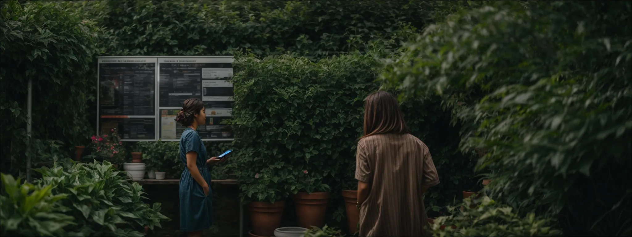 a person browsing content on a digital tablet, standing by a bustling social media notification board amidst a lush garden suggestive of growth and engagement.