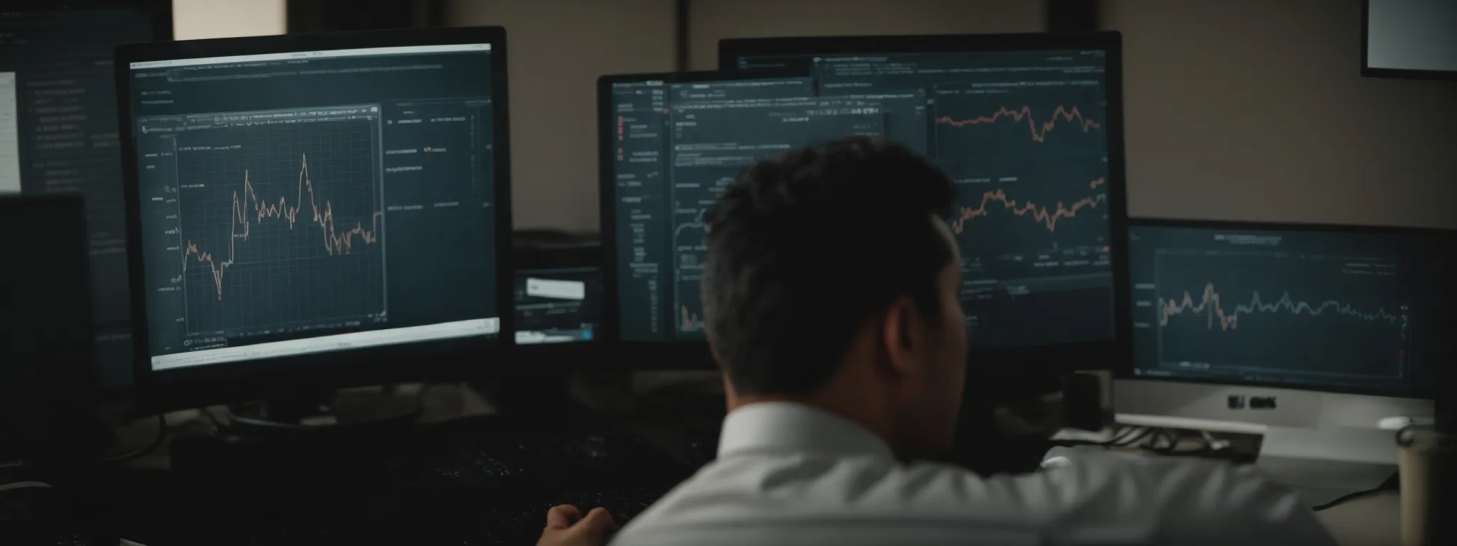 a marketer analyzes a data report on a computer screen, focusing on search trends and keyword performance.