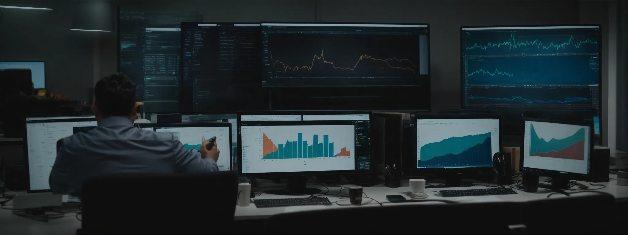 an individual intently analyzing colorful graphs and charts on a computer screen in a modern office setting.