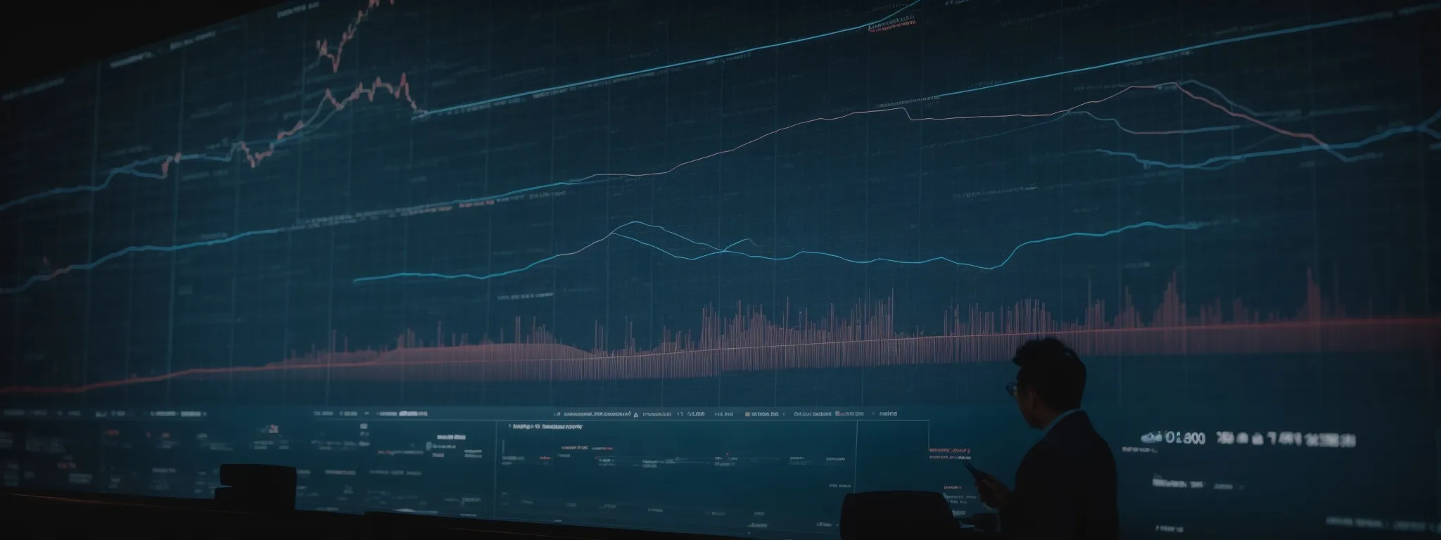 a person analyzing intricate graphs on a large digital screen showing website performance metrics.