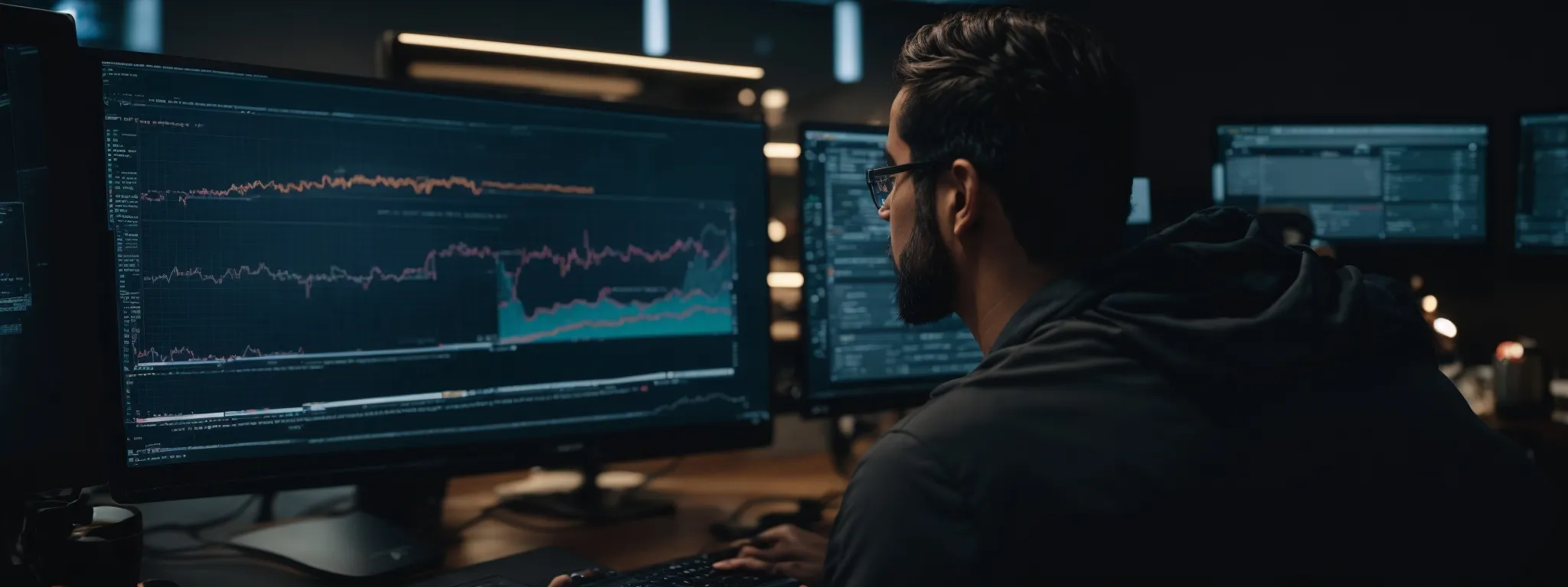 a web developer intently scrutinizes a computer screen displaying a performance analytics dashboard for an ajax-driven website.