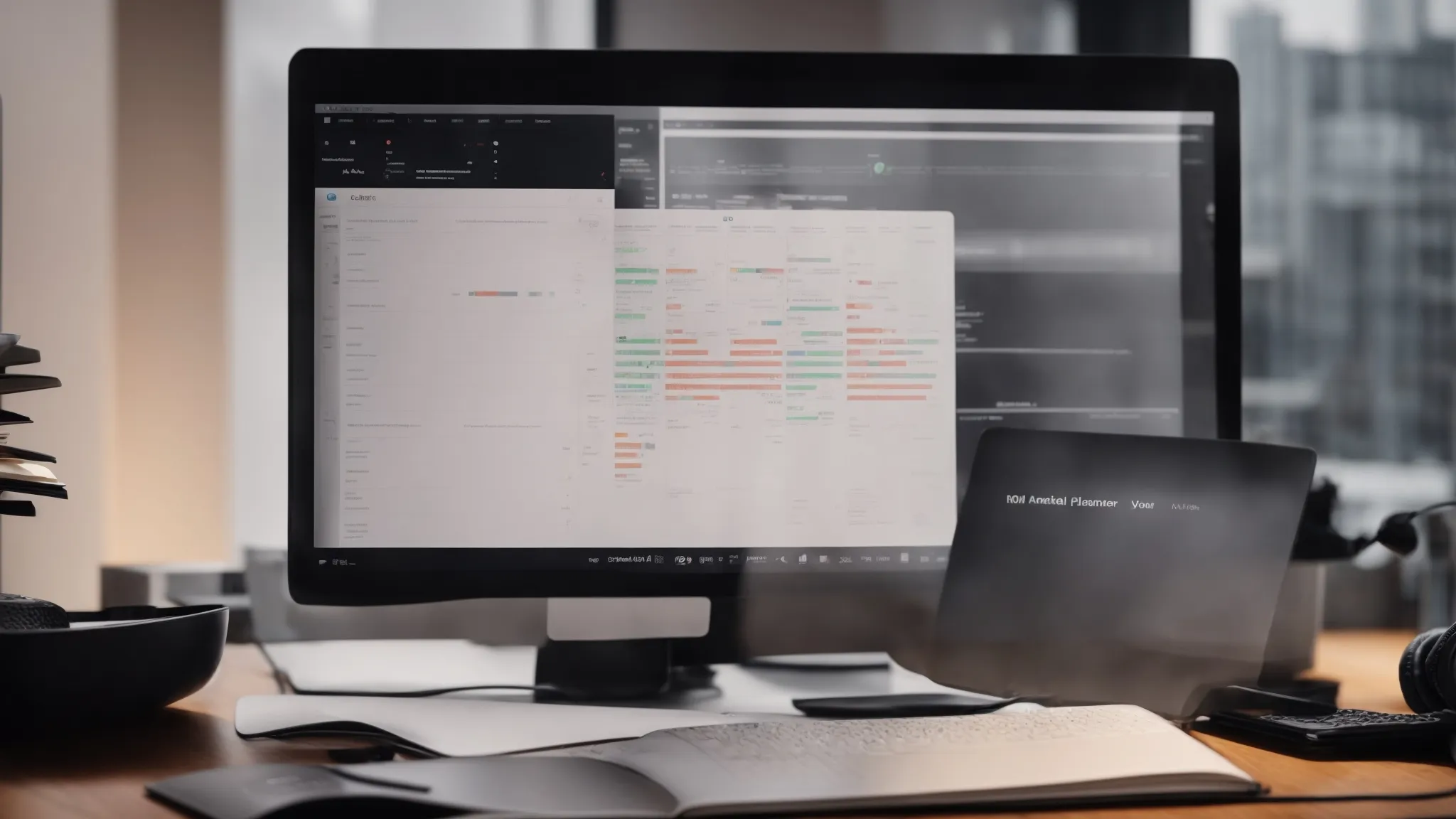 a planner with marked strategies, a computer screen with ranking analytics, and a headset on a desk.