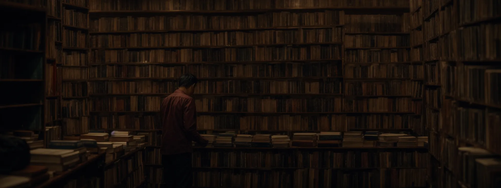 a focused individual browsing through an extensive library of books on digital marketing and seo.