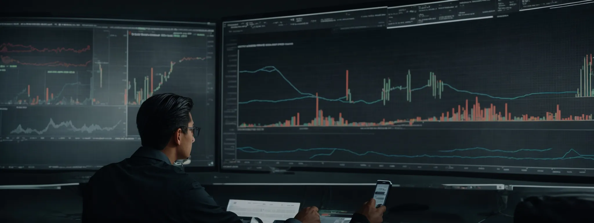 A man sits at a desk analyzing financial charts and graphs displayed on large monitors, while holding a smartphone and working on a laptop.