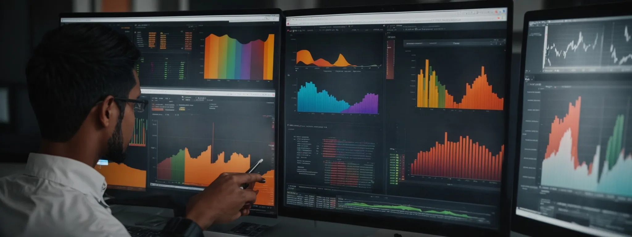 a person intently studying analytics on a computer screen displaying colorful graphs and charts related to website performance.