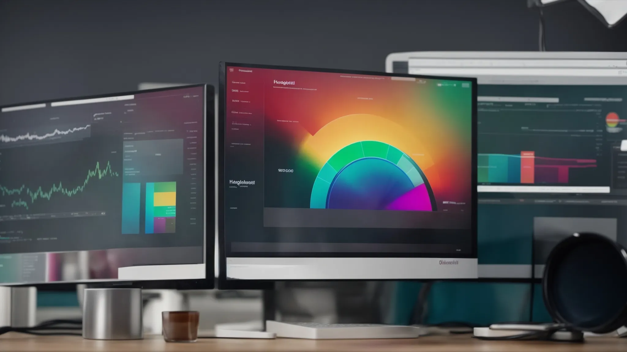 a computer screen displaying a colorful analytics dashboard with a magnifying glass resting on top.