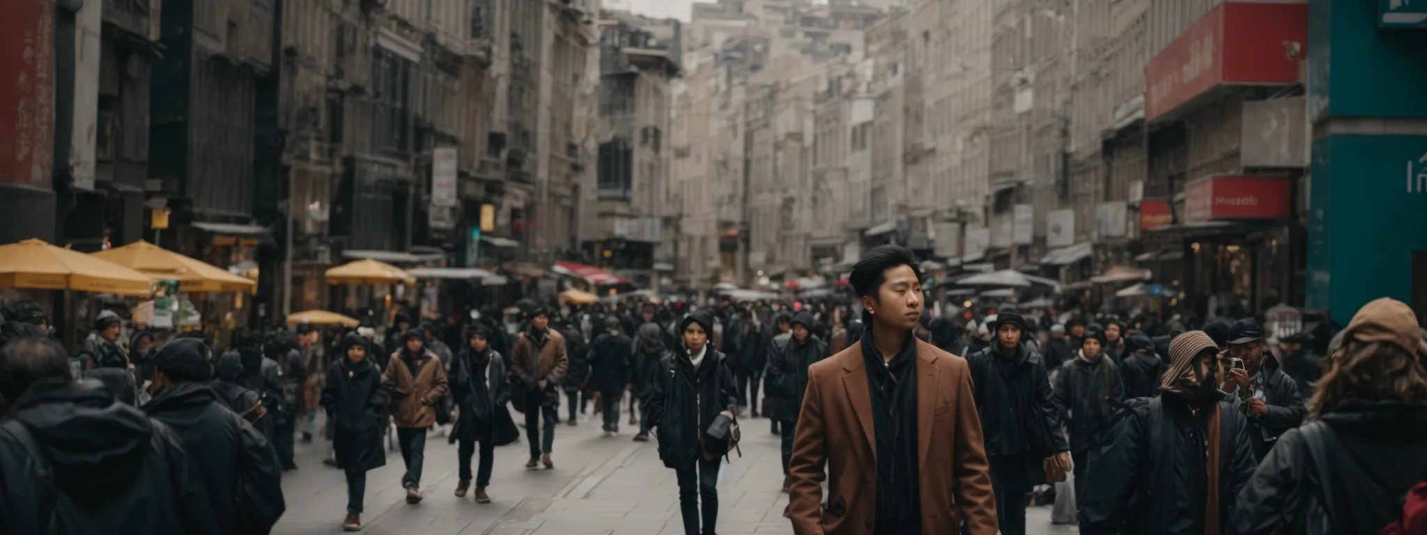 a person speaks into a smartphone using a voice assistant while walking in a bustling urban street.