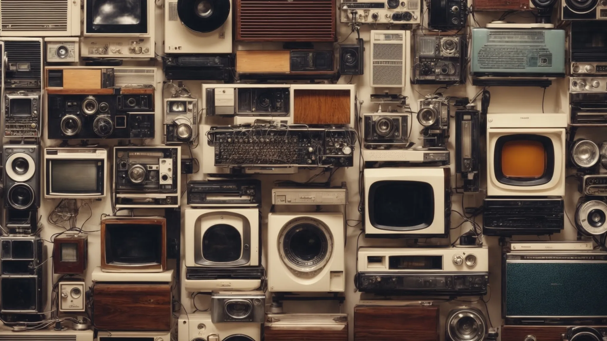 a collage imagery of different eras of technology, from vintage computers to modern smart devices, representing the evolution of seo.