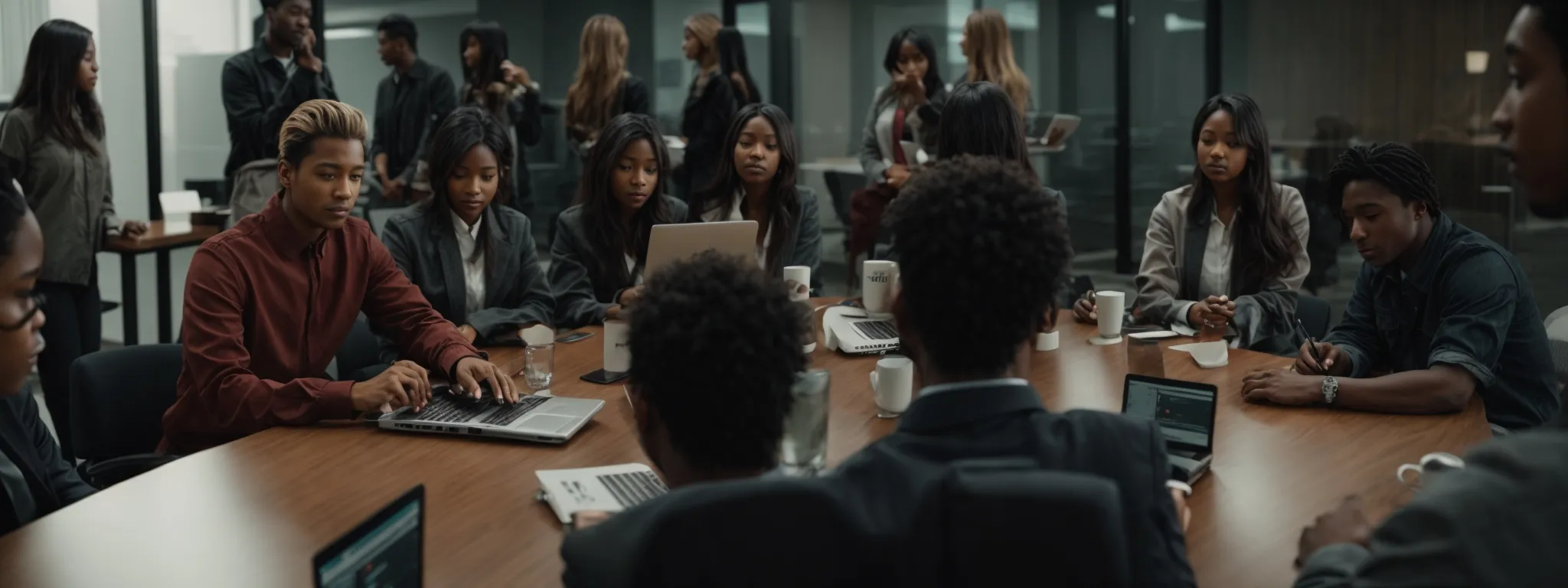 a diverse group of people gathered around a conference table, engaging in a collaborative discussion with laptops and digital devices.