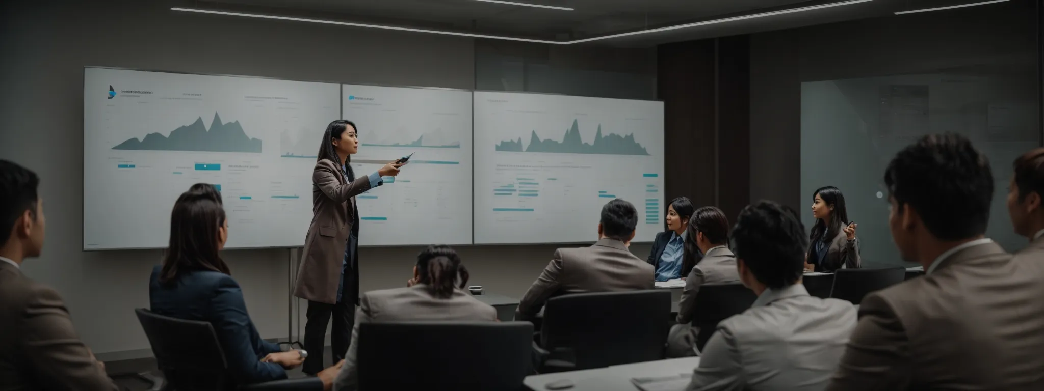 a marketer presenting a segment chart to a group in a meeting room, illustrating different consumer profiles.
