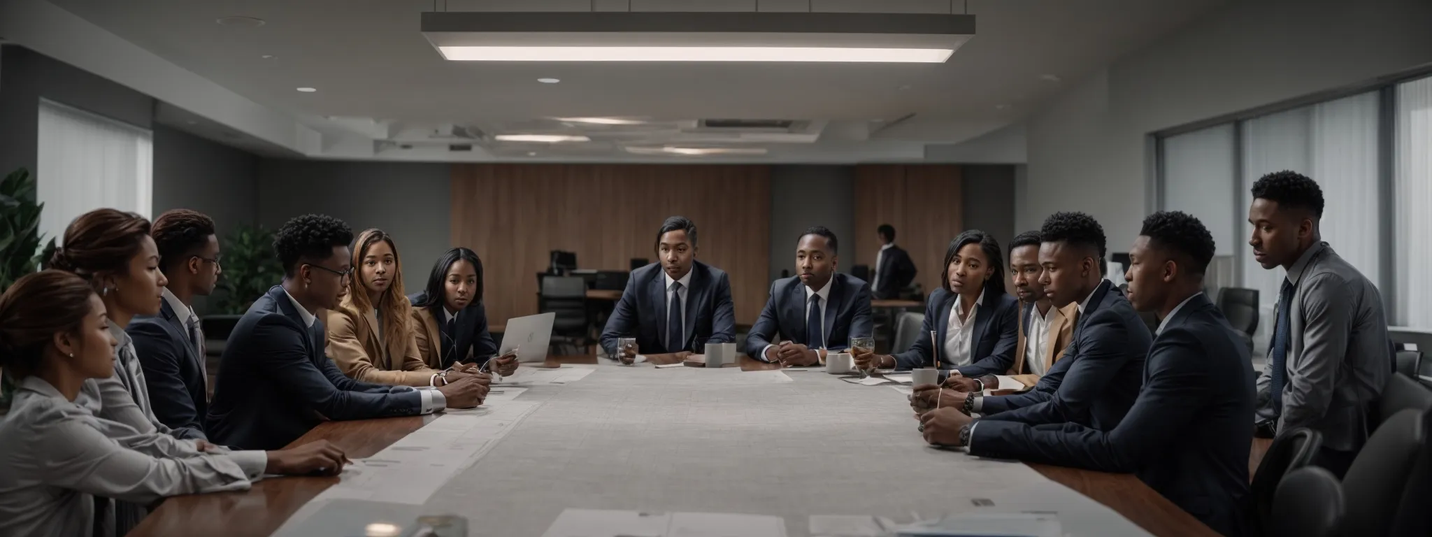 a group of diverse professionals gathered around a large conference table, intently discussing and strategizing over a blueprint layout representing various website domains.