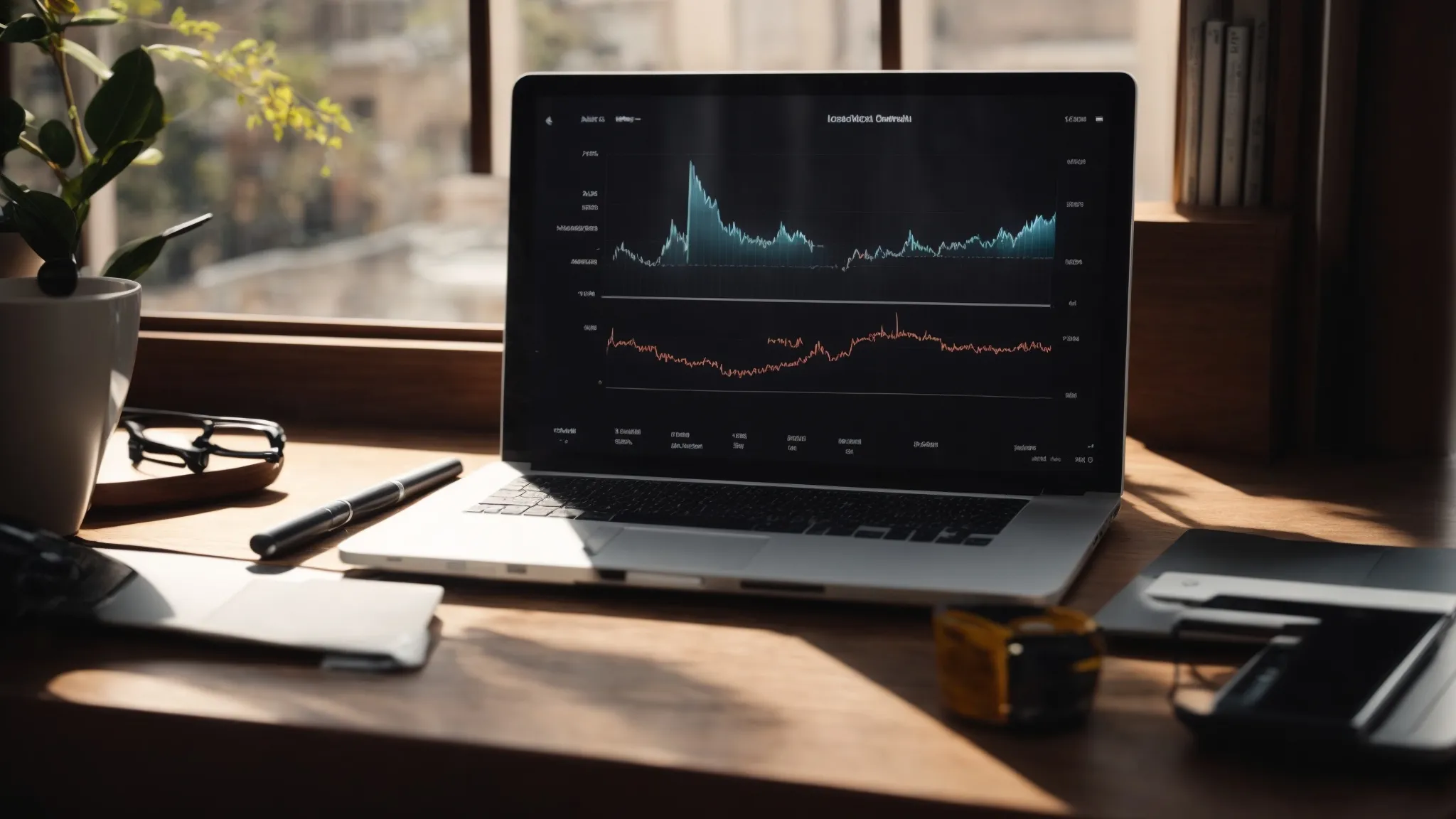 a laptop with graphs on the screen beside a lightbulb and a coffee cup on a desk, conveying a successful planning atmosphere.