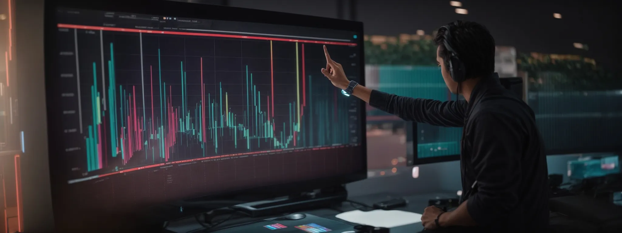 a marketer excitedly points at a colorful computer screen showing a sharp increase in a graph line indicative of rising click-through rates.