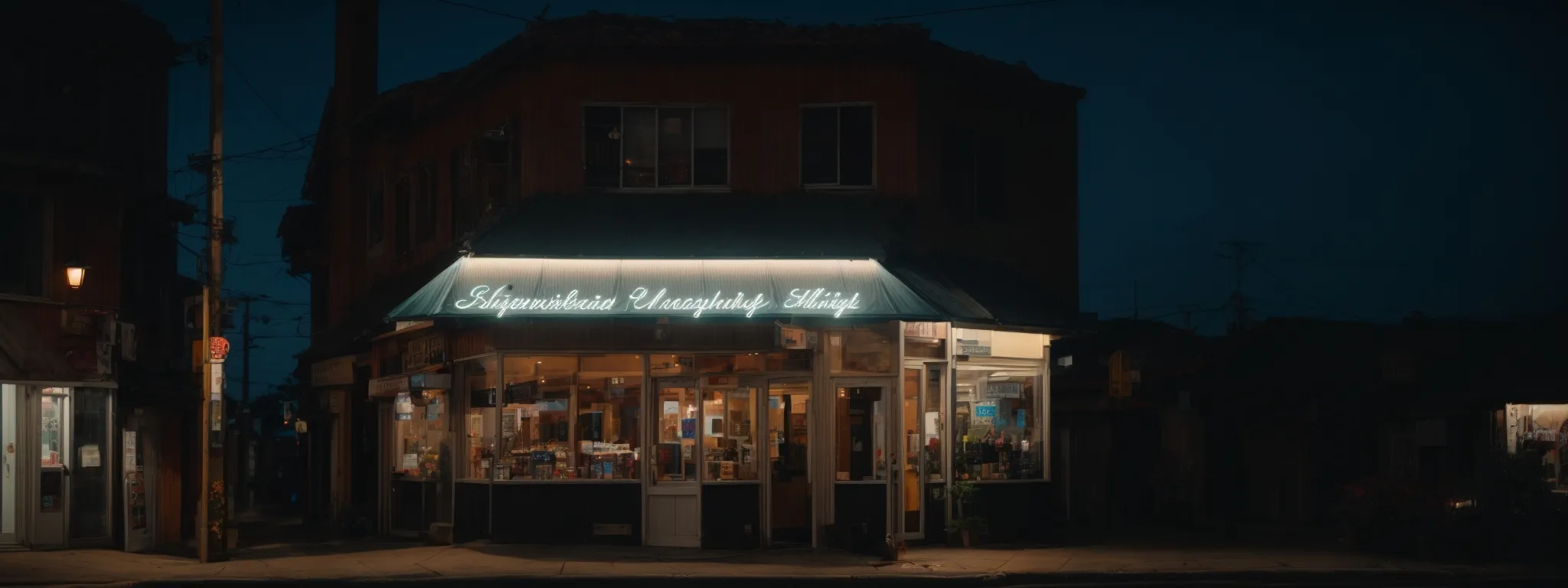 a local storefront illuminated by a spotlight against a twilight cityscape, symbolizing heightened visibility in the community.