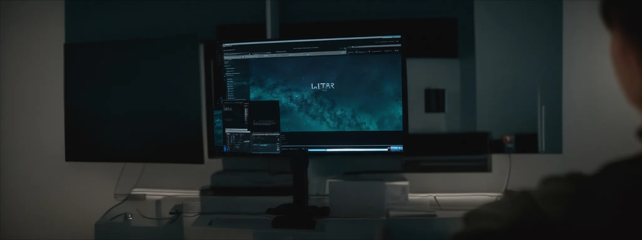 a person watching captions on a video displayed on a computer screen in a well-lit room.