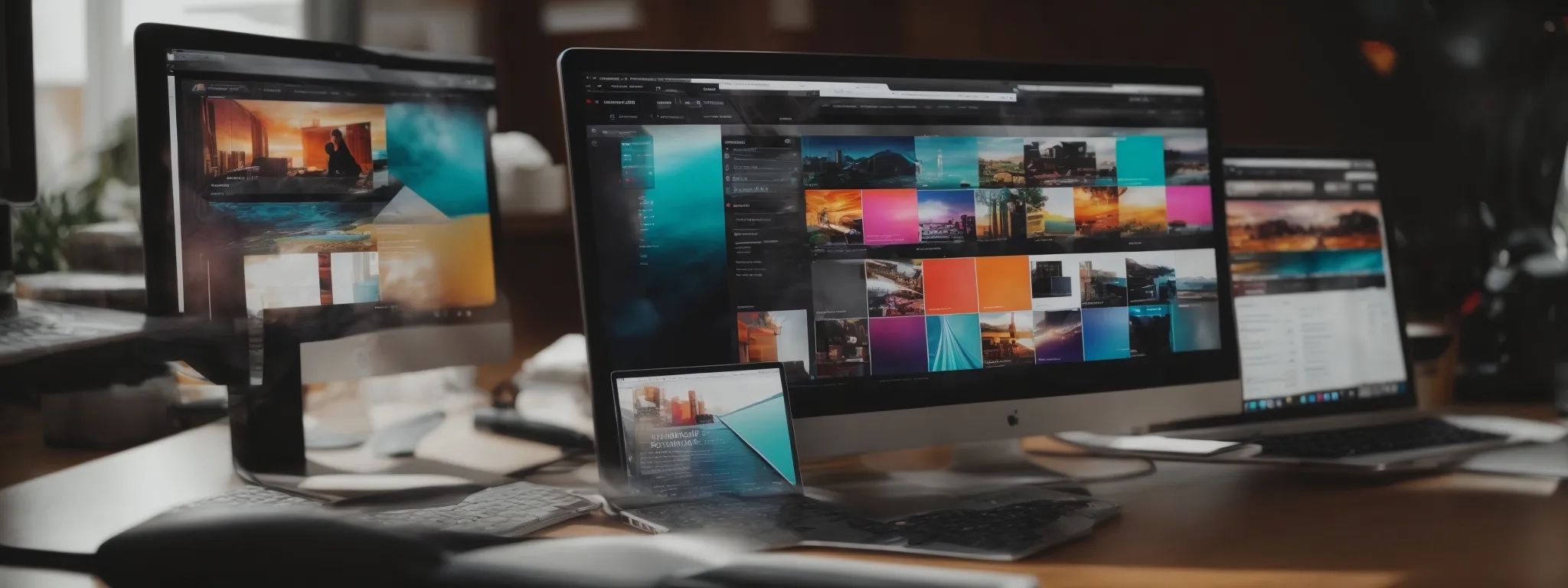 a digital marketer reviews a colorful website layout on a computer screen, adjusting elements to optimize both seo and user experience.