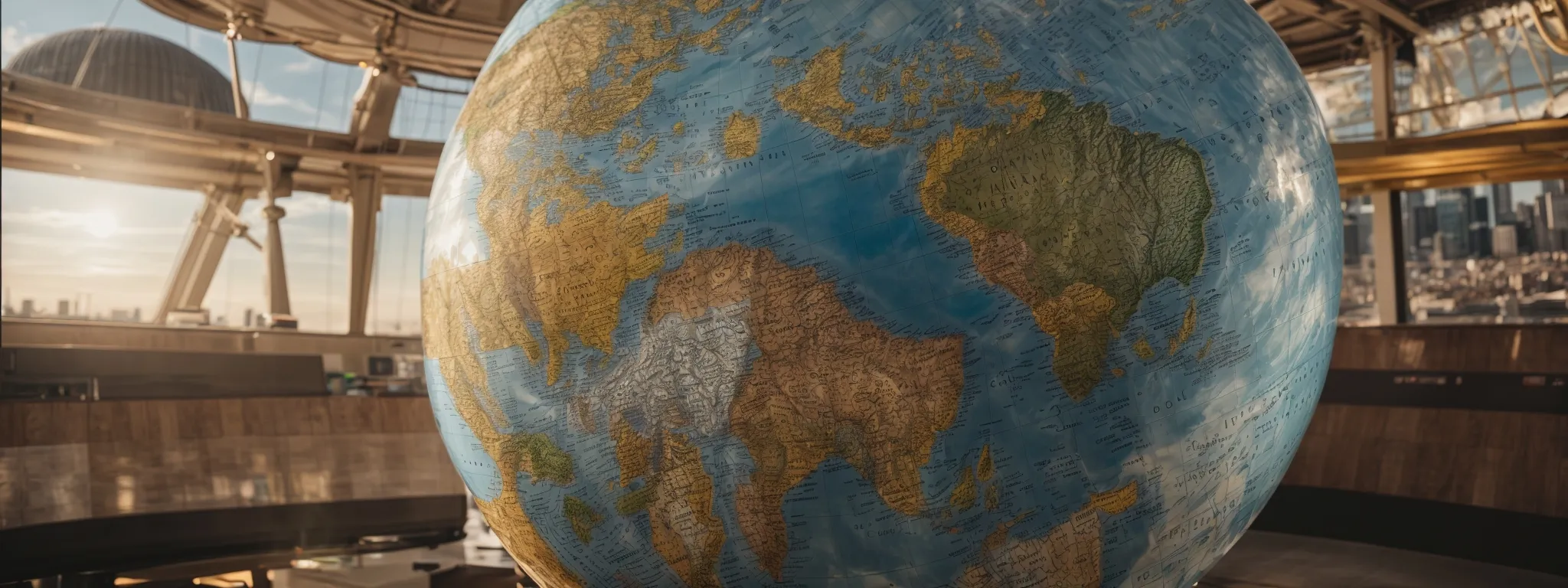 a globe surrounded by various iconic landmarks that represent major cities around the world, symbolizing global connectivity.