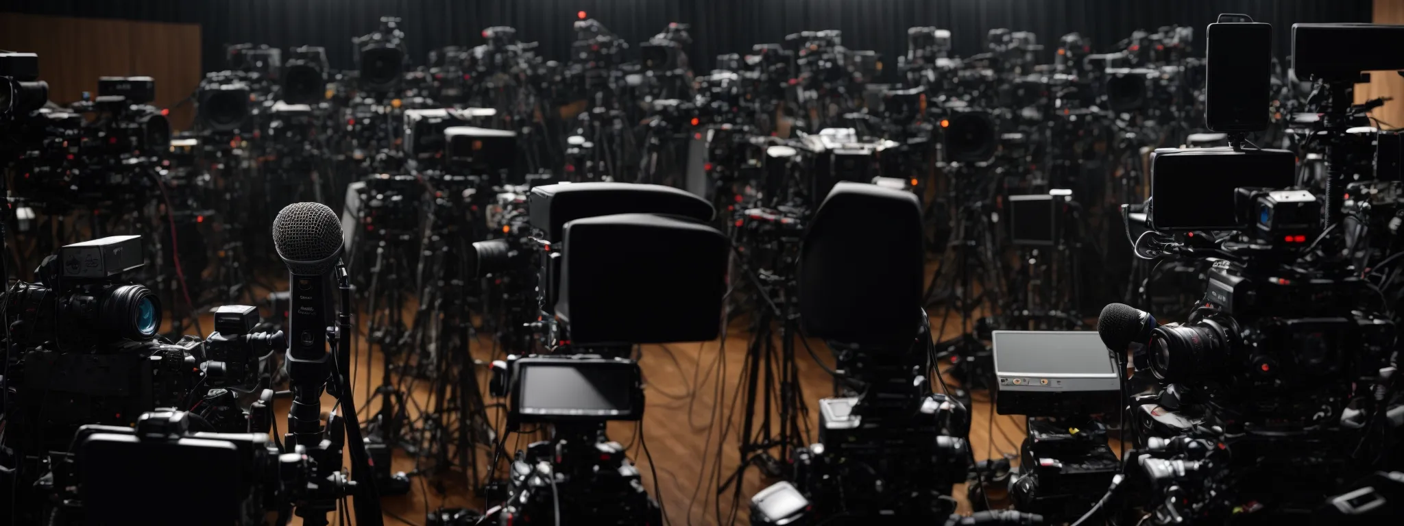 a microphone surrounded by a multitude of cameras all focused towards a central point on a stage set for an announcement.