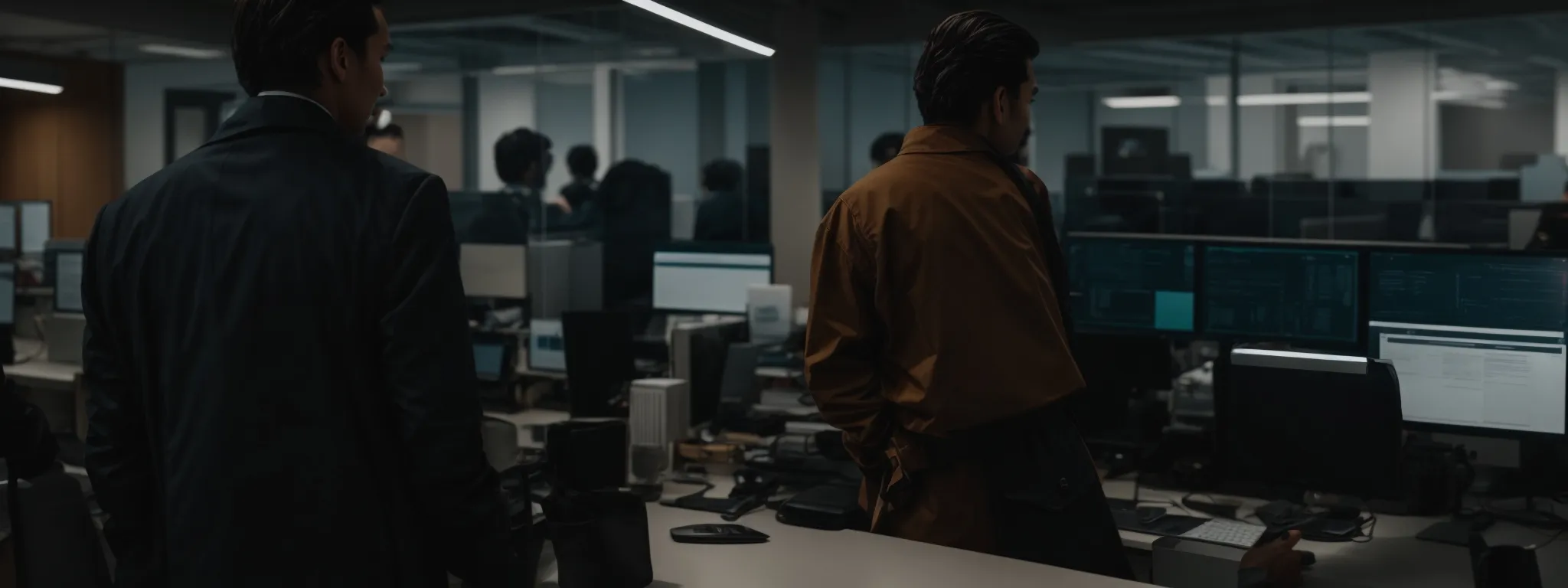 two people standing in a modern office, intensely discussing over a computer screen displaying a variety of website templates.