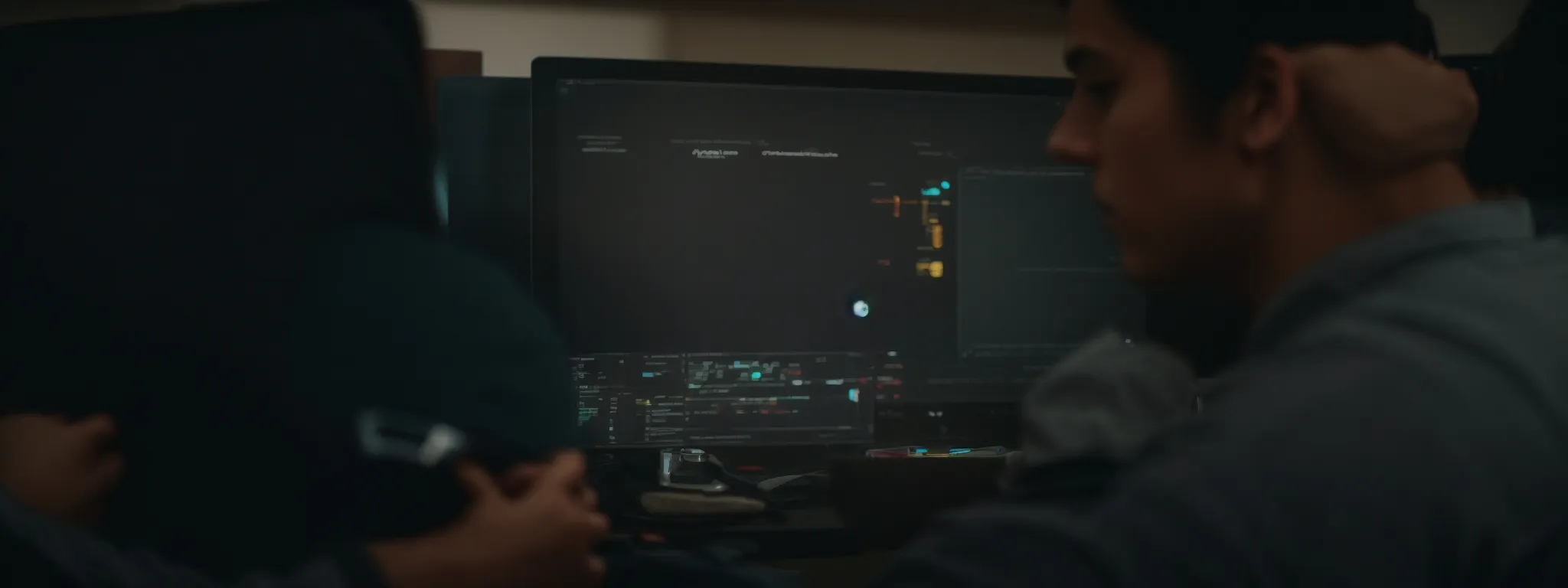 a person sitting at a computer, using an advanced search engine interface to filter results by file type and usage rights.