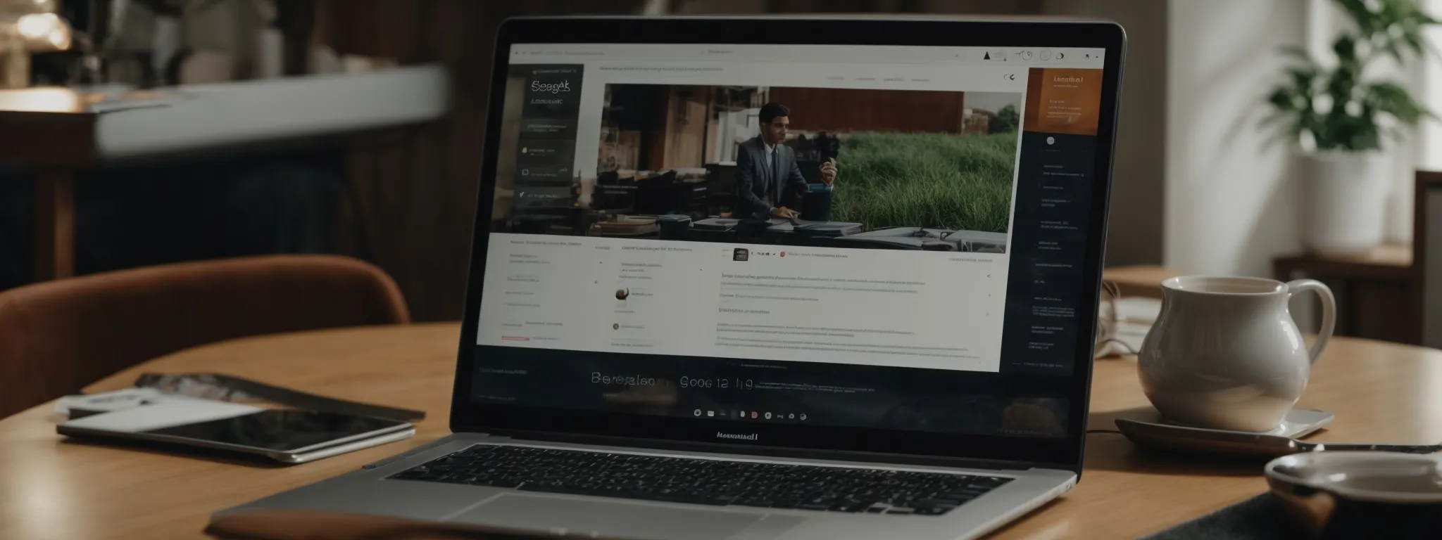 a laptop displaying a search engine results page with both organic listings and sponsored ad placements highlighted.