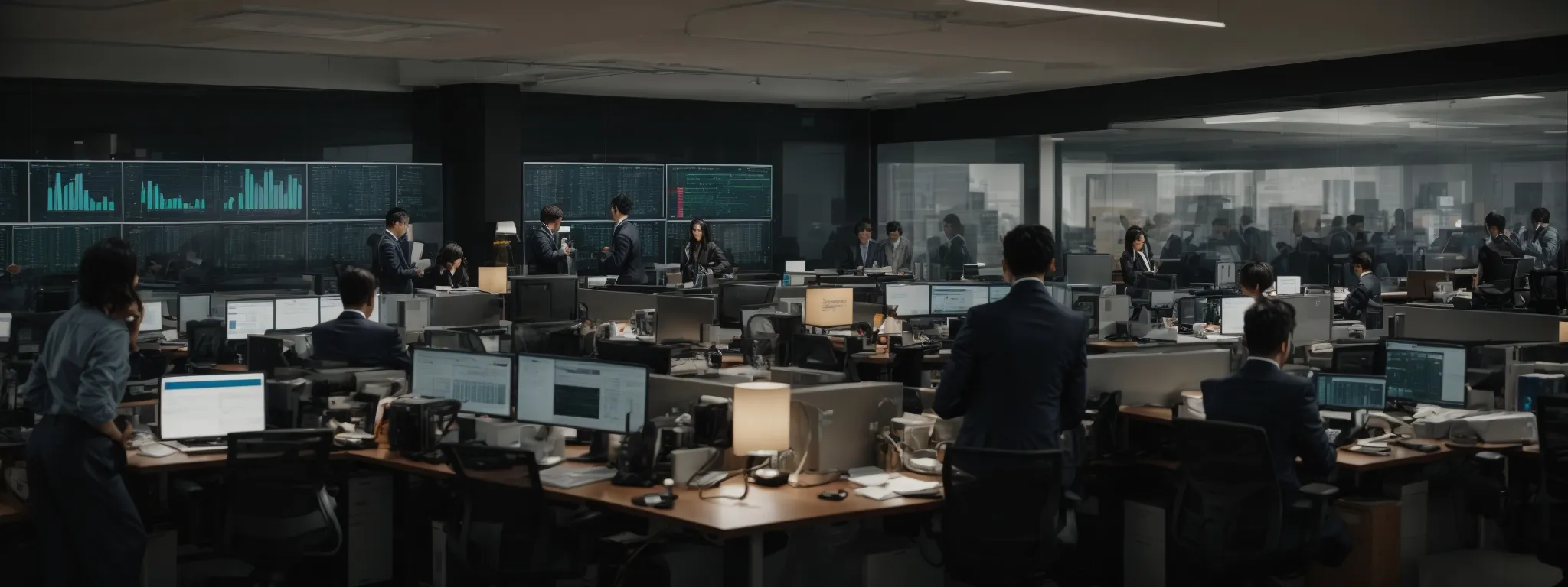 a bustling office with marketers analyzing data dashboards on large screens.