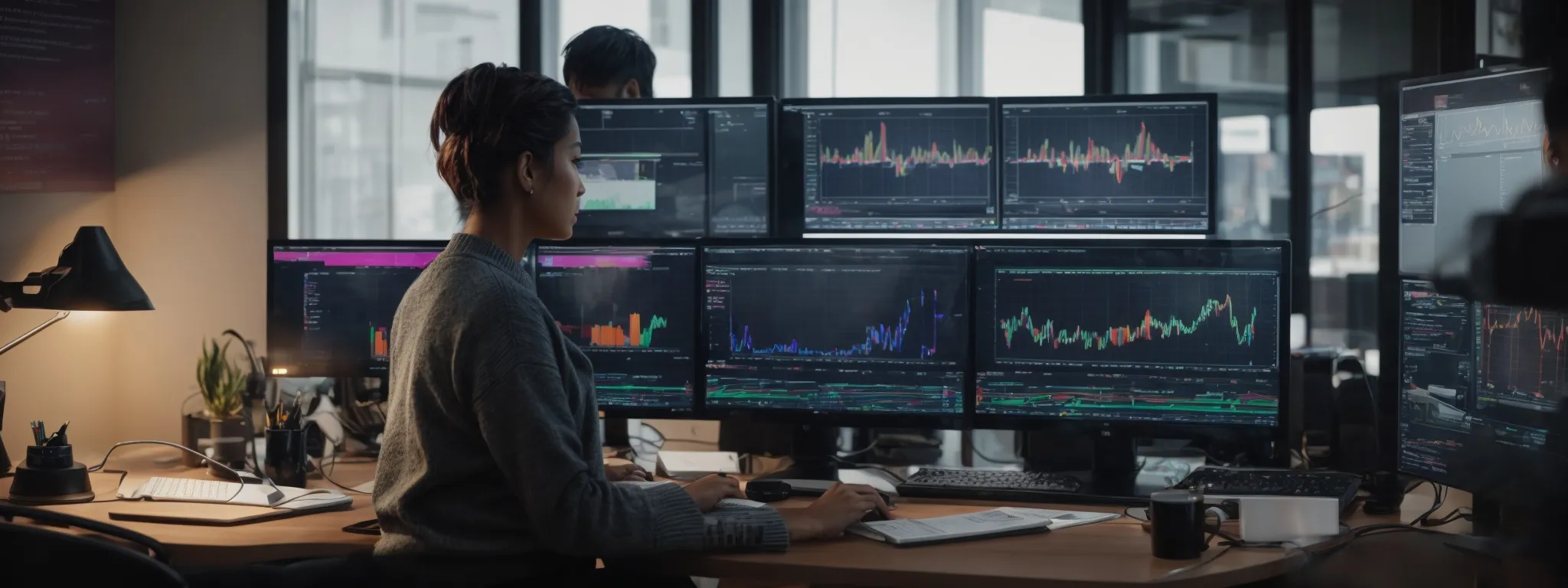 a person sits at a desk with dual monitors displaying colorful video analytics and seo trend graphs.